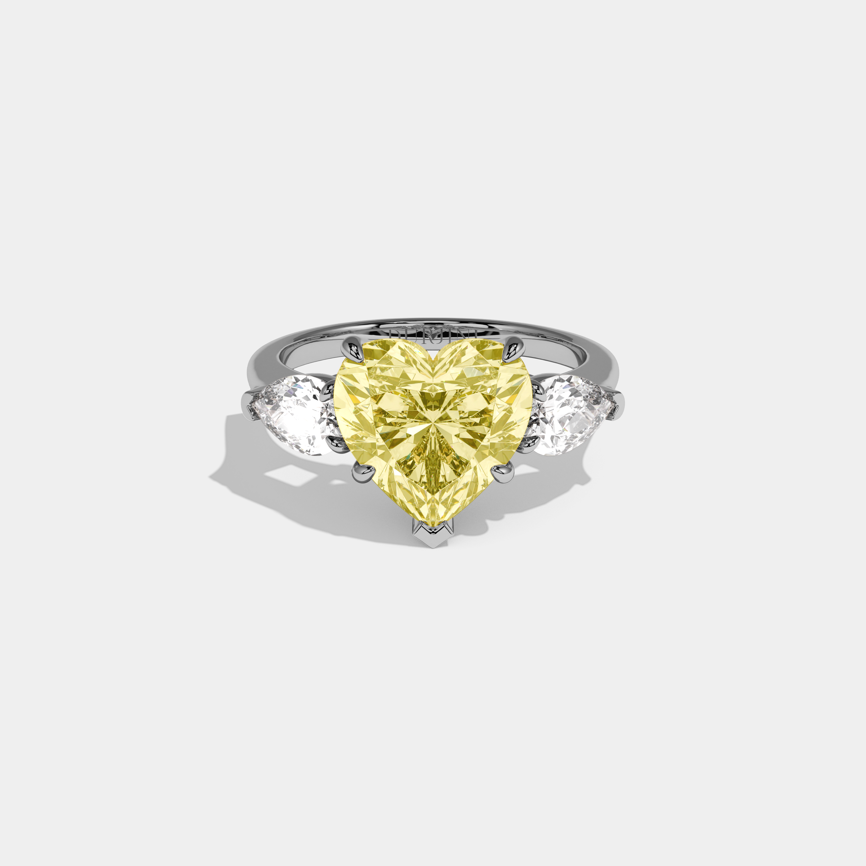 Philippa Fancy Yellow Heart Cut Diamond Plain Band With Pear Cut Sides Engagement Ring 8ct 18K White Gold