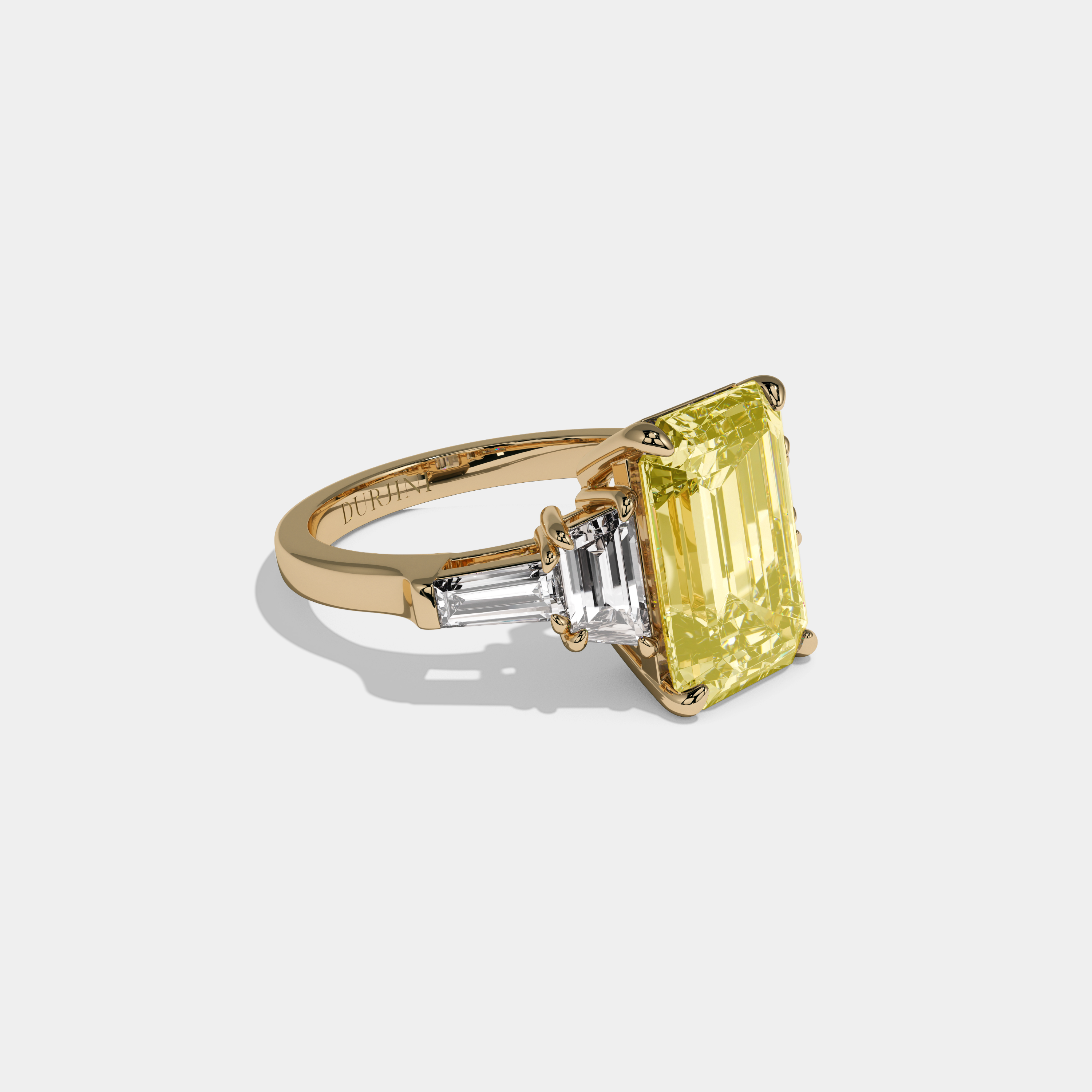 Victoria Fancy Yellow Emerald Cut Diamond Plain Band With Step Cut Sides Engagement Ring 8ct 18K Yellow Gold