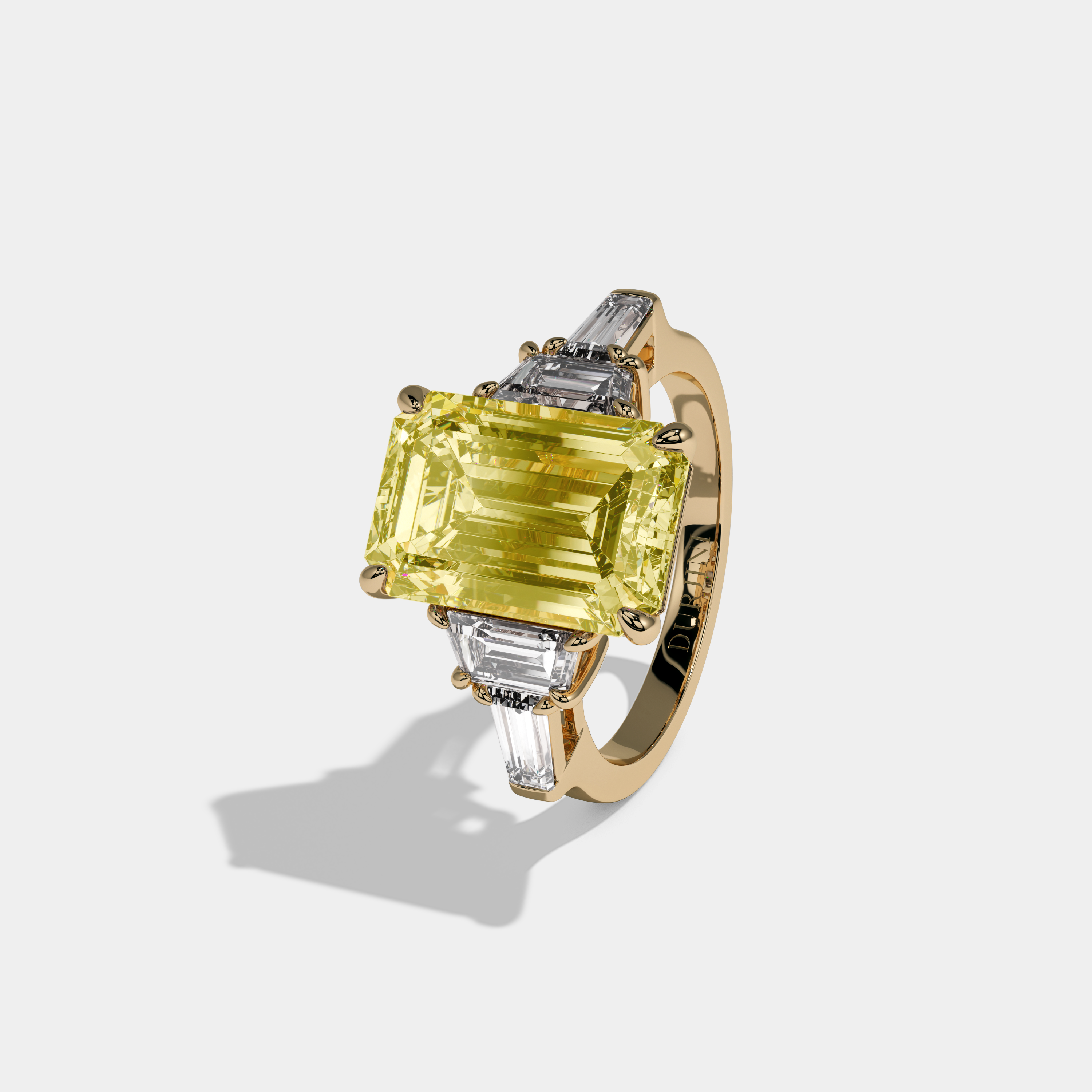 Victoria Fancy Yellow Emerald Cut Diamond Plain Band With Step Cut Sides Engagement Ring 8ct 18K Yellow Gold