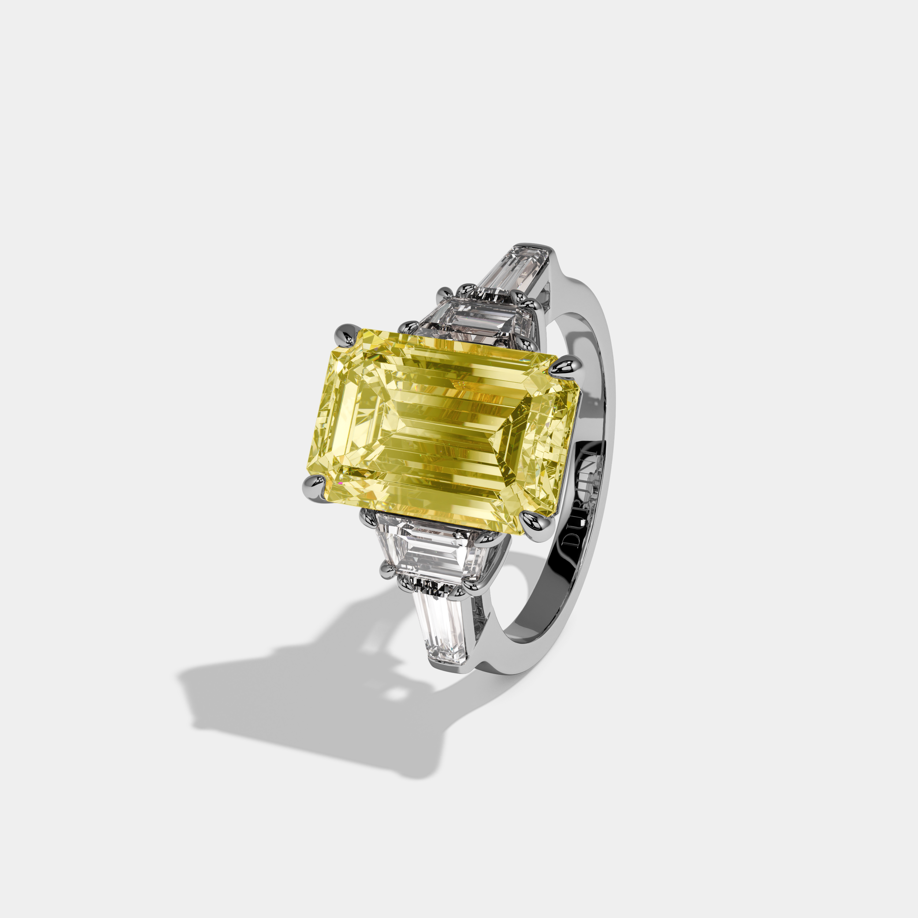 Lucinda Fancy Yellow Emerald Cut Diamond Plain Band With Step Cut Sides Engagement Ring 8ct 18K White Gold