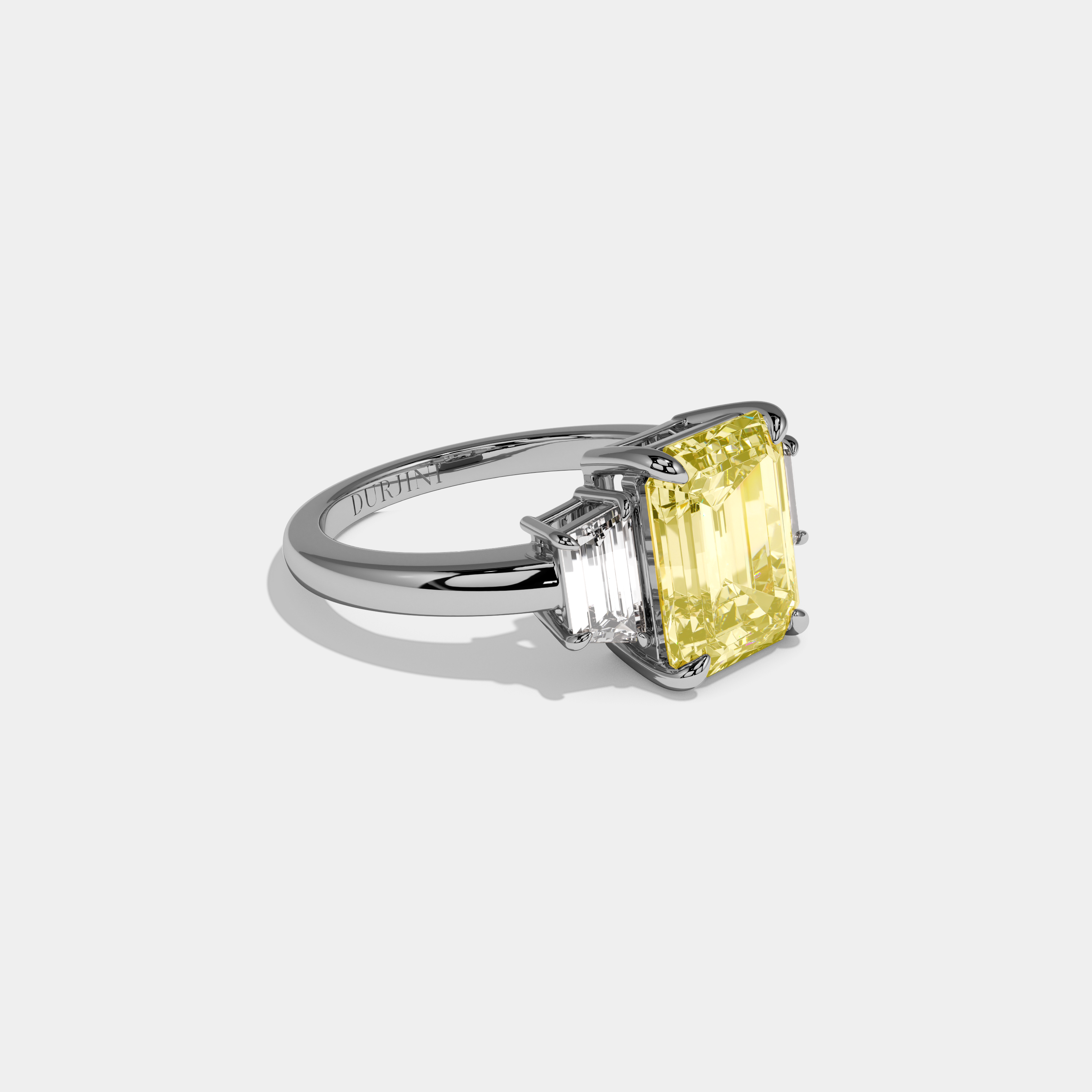 Susannah Fancy Yellow Emerald Cut Diamond Plain Band With Step Cut Sides Engagement Ring 8ct 18k White Gold