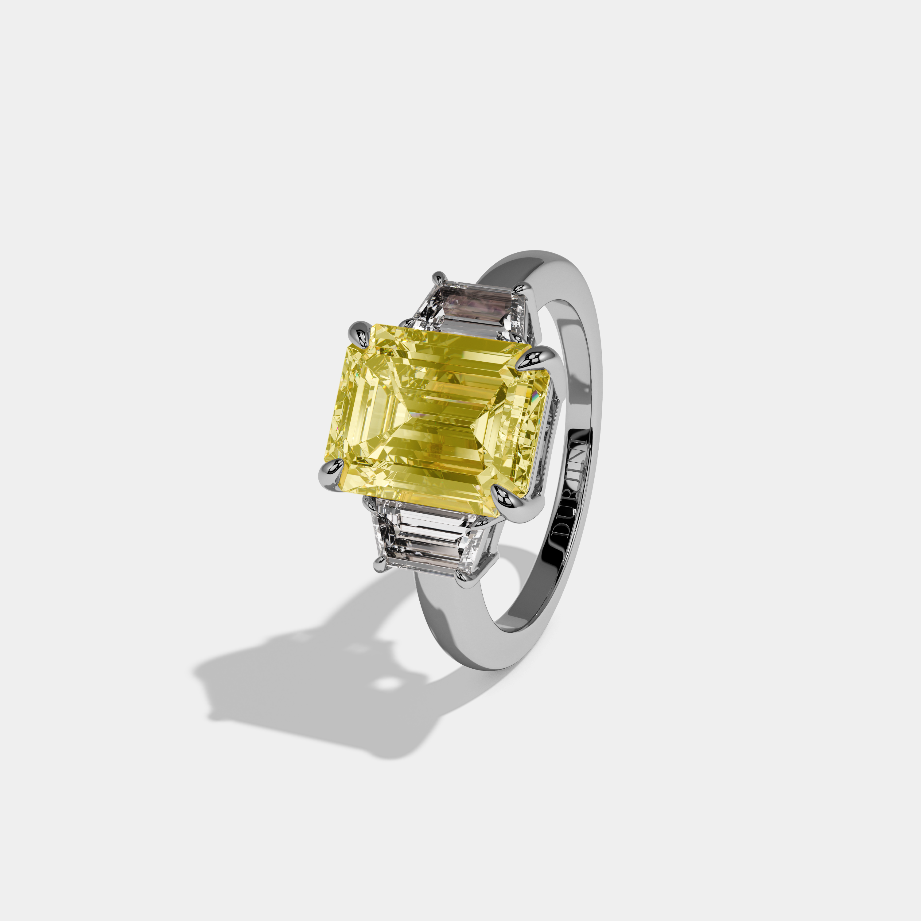 Susannah Fancy Yellow Emerald Cut Diamond Plain Band With Step Cut Sides Engagement Ring 8ct 18k White Gold