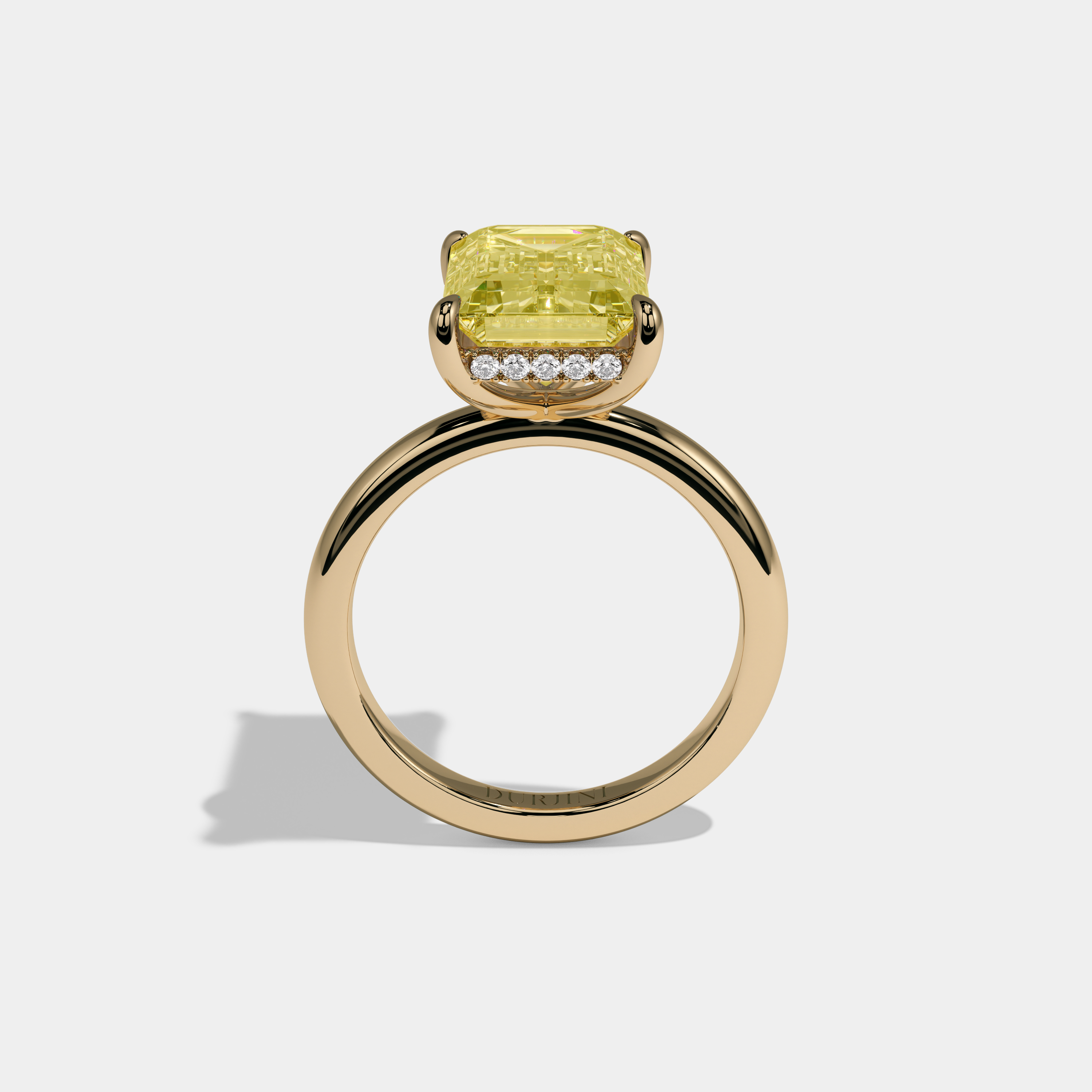Victoria Fancy Yellow Emerald Cut Diamond Plain Band Engagement Ring 6.5ct 18K Yellow Gold