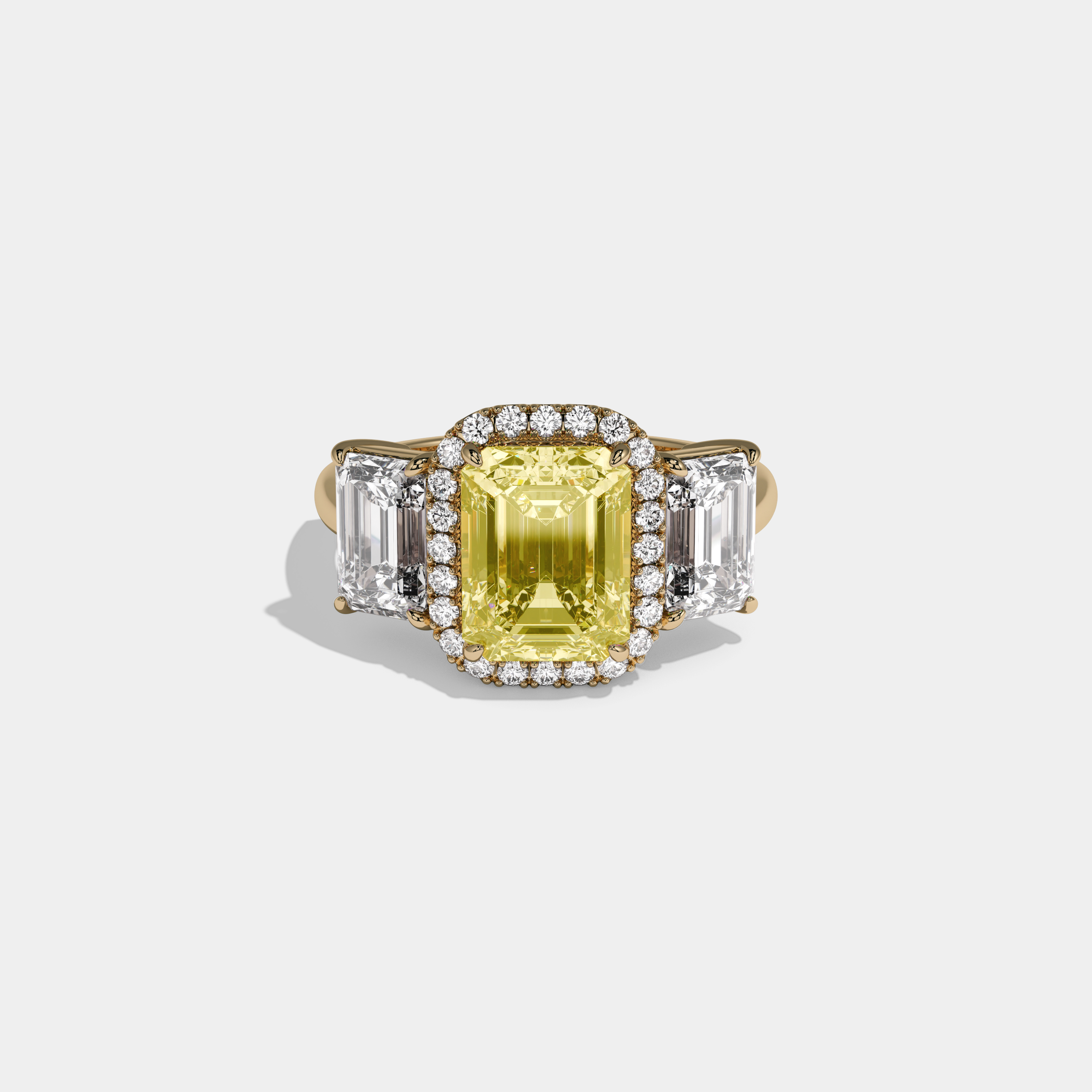 Victoria Fancy Yellow Emerald Cut Diamond Plain Band With Emerald Cut Sides Engagement Ring 8ct 18K Yellow Gold
