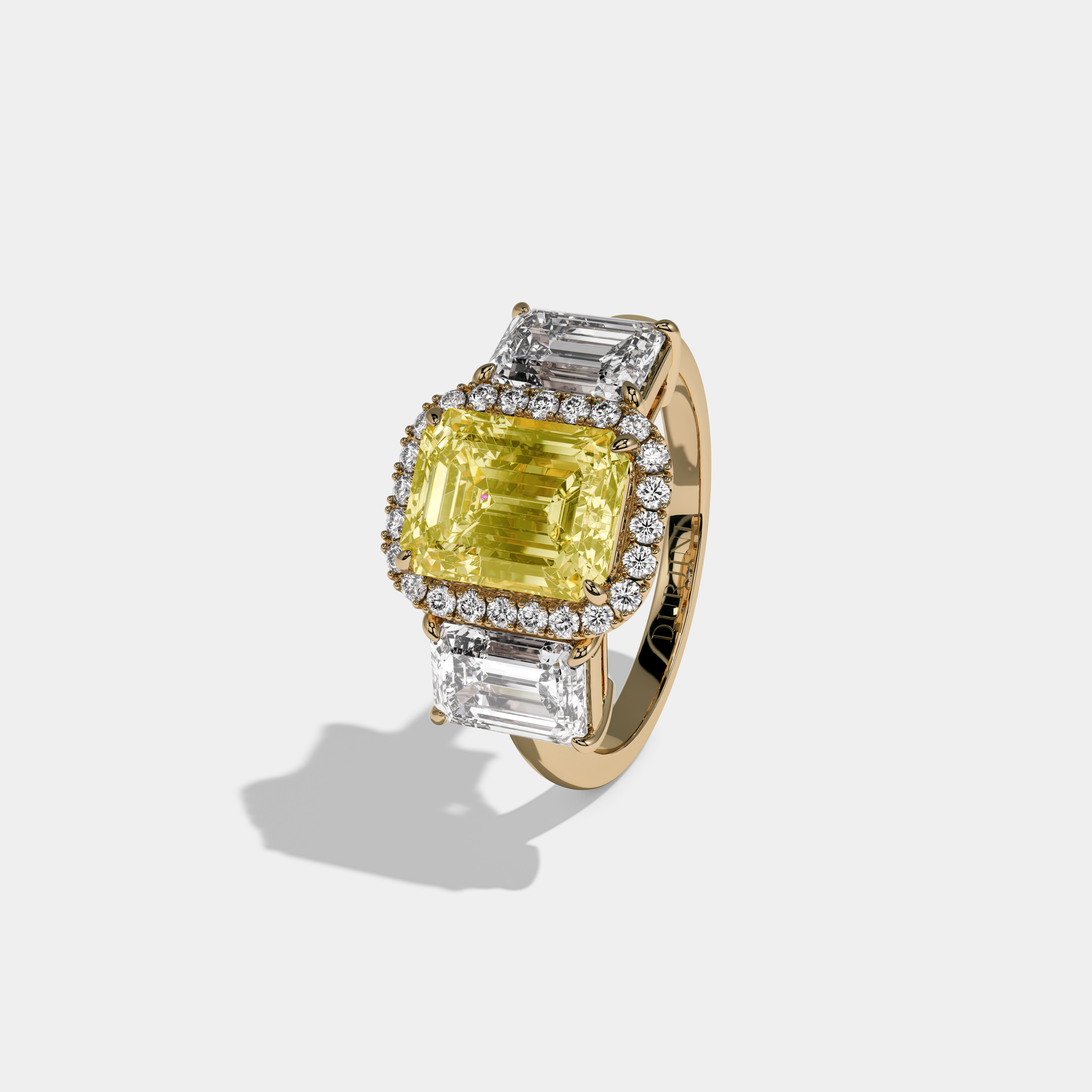 Victoria Fancy Yellow Emerald Cut Diamond Plain Band With Emerald Cut Sides Engagement Ring 8ct 18K Yellow Gold