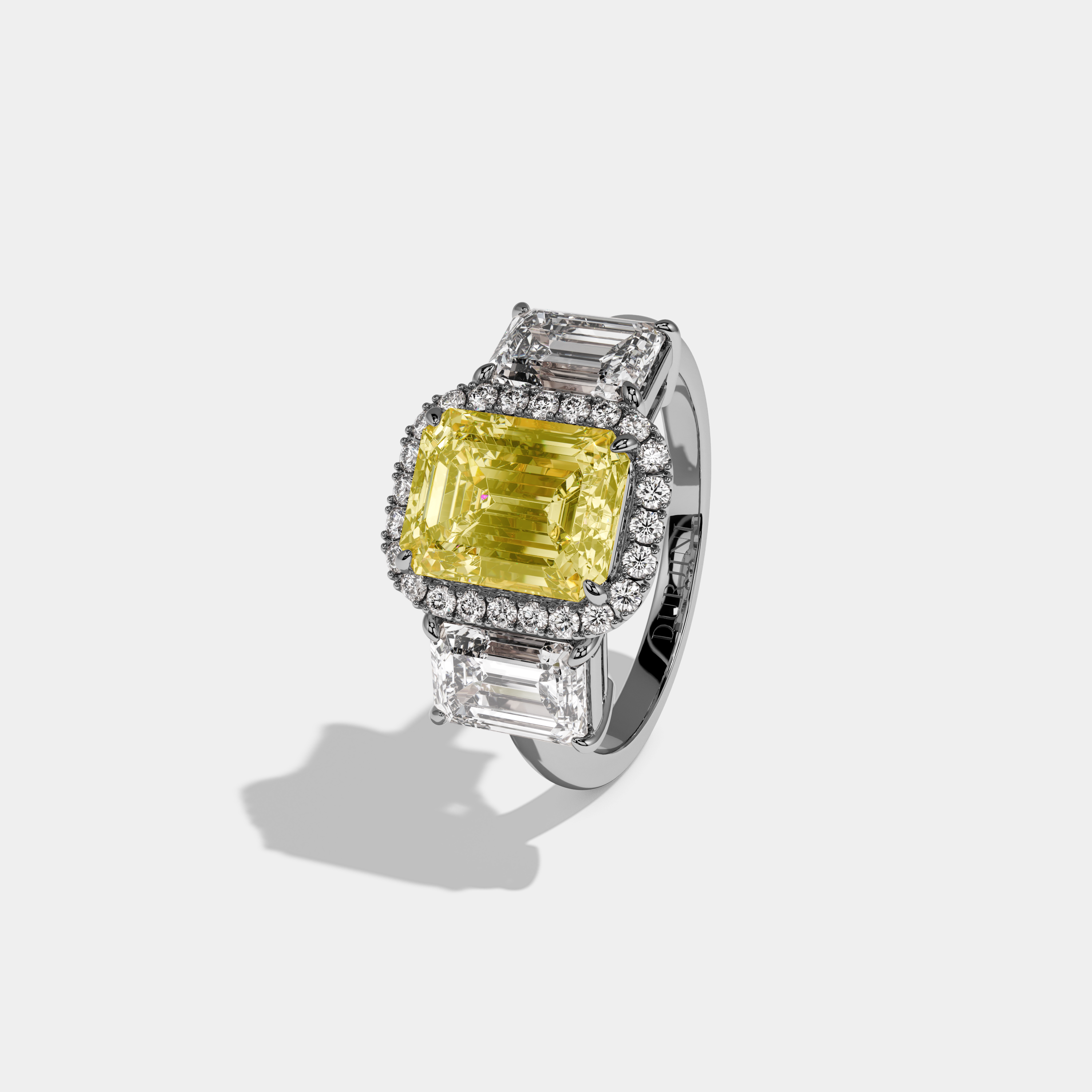 Isadora Fancy Yellow Emerald Cut Diamond Plain Band With Emerald Cut Sides Engagement Ring 8ct 18K White Gold