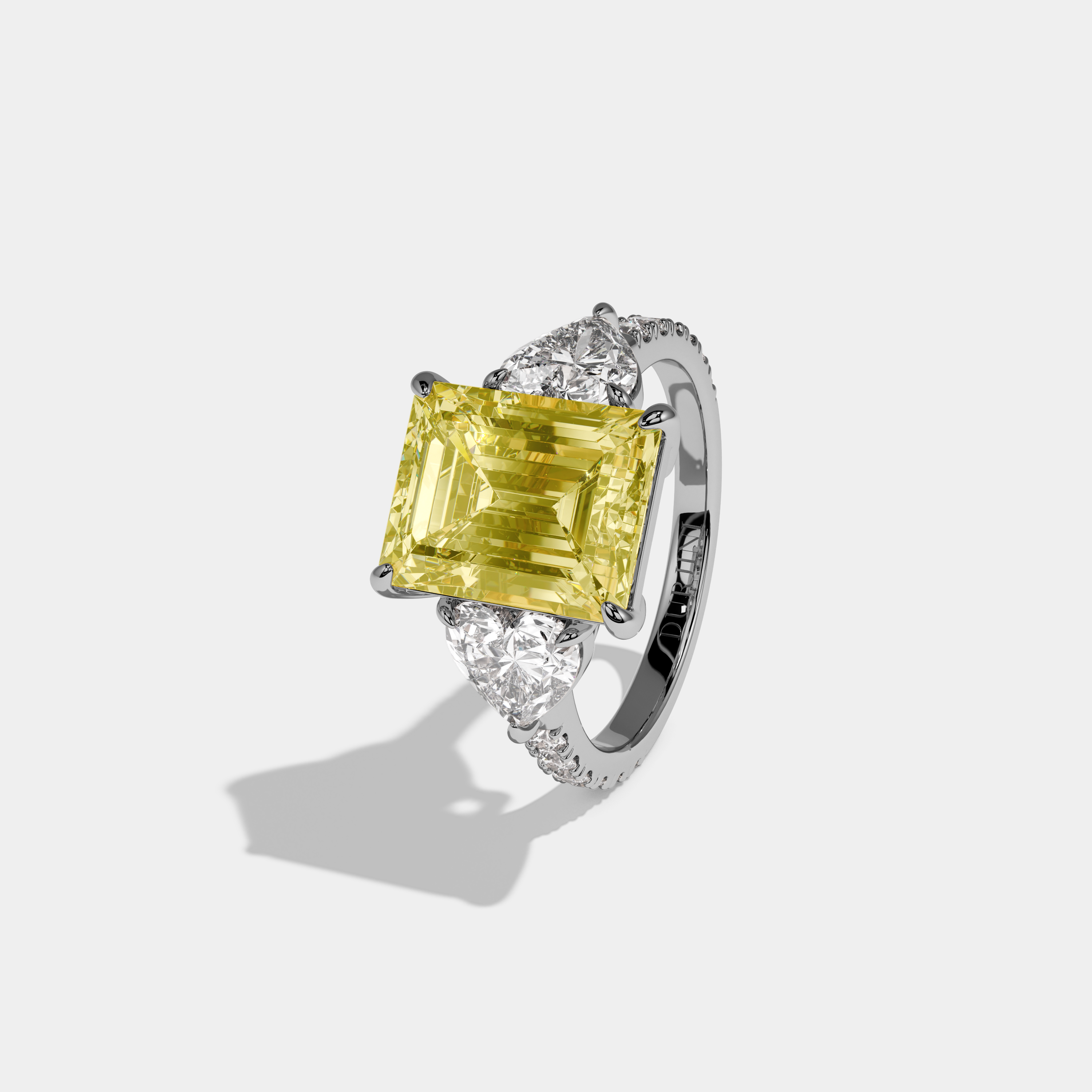 Dorothea Fancy Yellow Emerald Cut Diamond Band With Heart Cut Sides Engagement Ring 8ct 18K White Gold