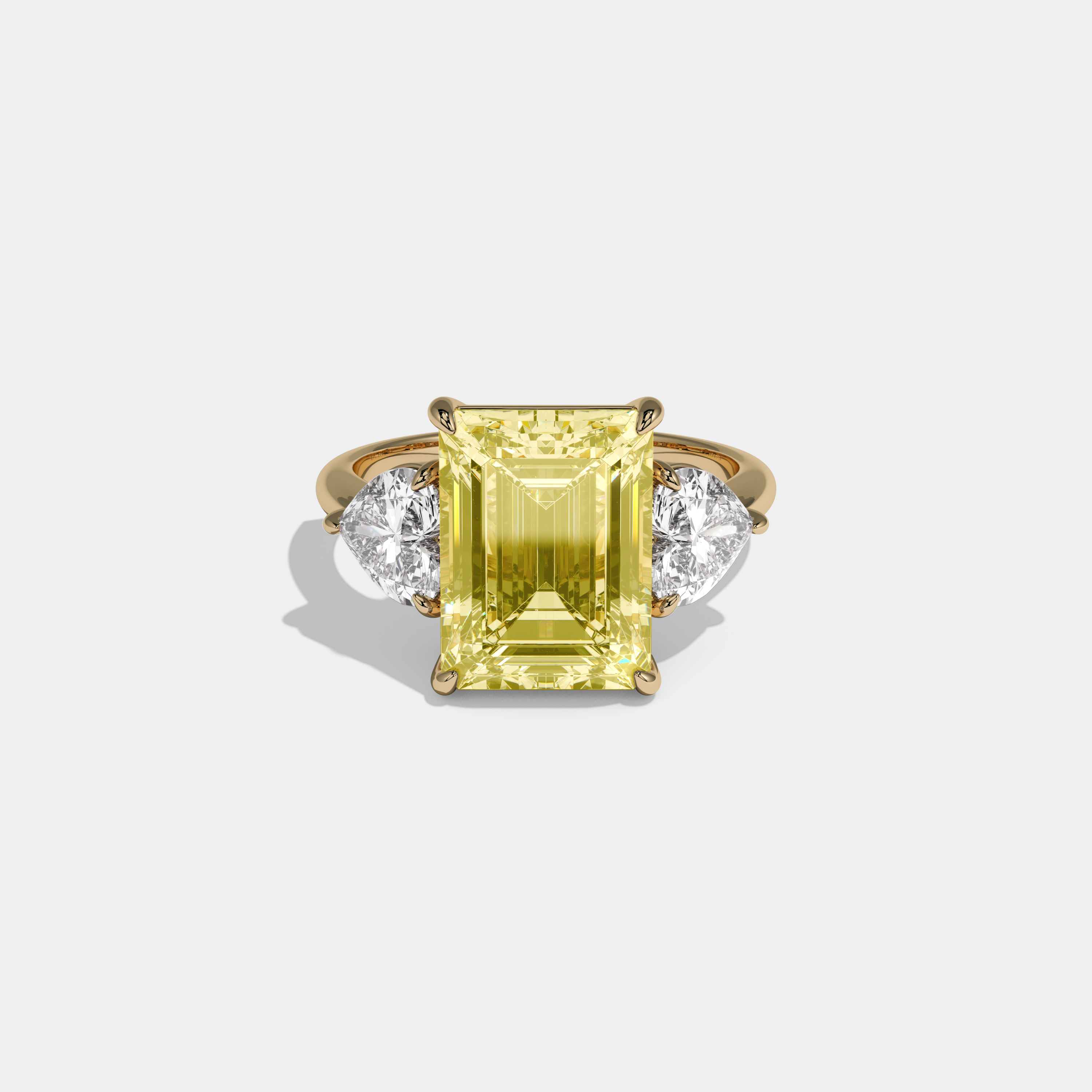 Victoria Fancy Yellow Emerald Cut Diamond Plain Band With Heart Cut Sides Engagement Ring 8ct 18K Yellow Gold