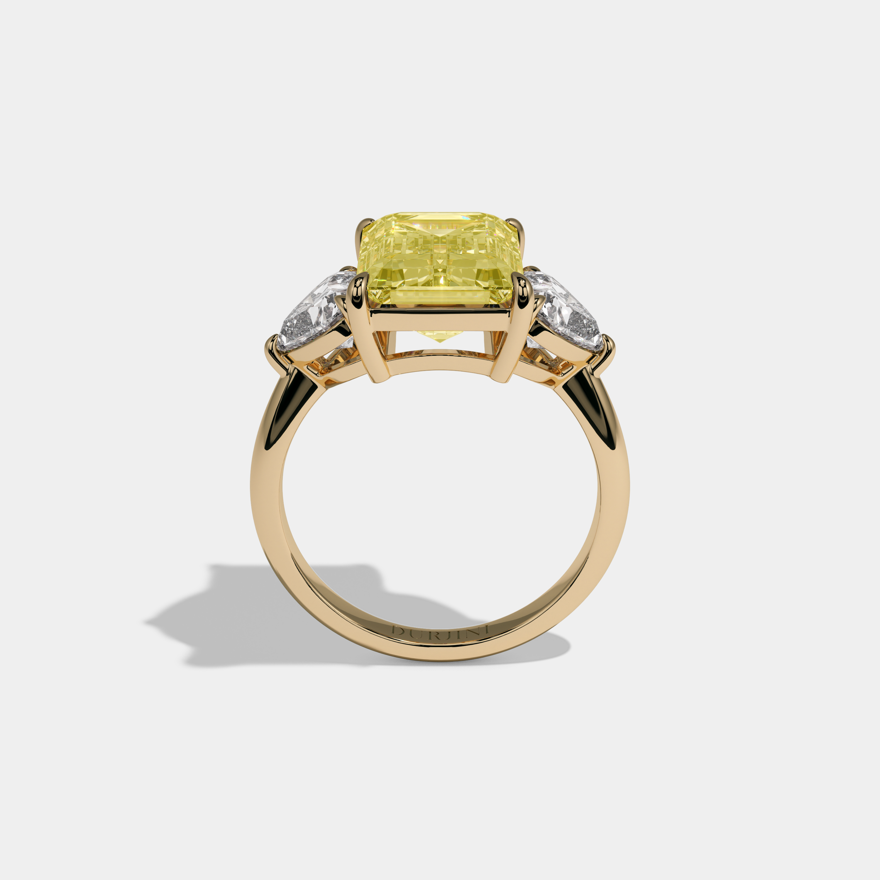 Victoria Fancy Yellow Emerald Cut Diamond Plain Band With Heart Cut Sides Engagement Ring 8ct 18K Yellow Gold