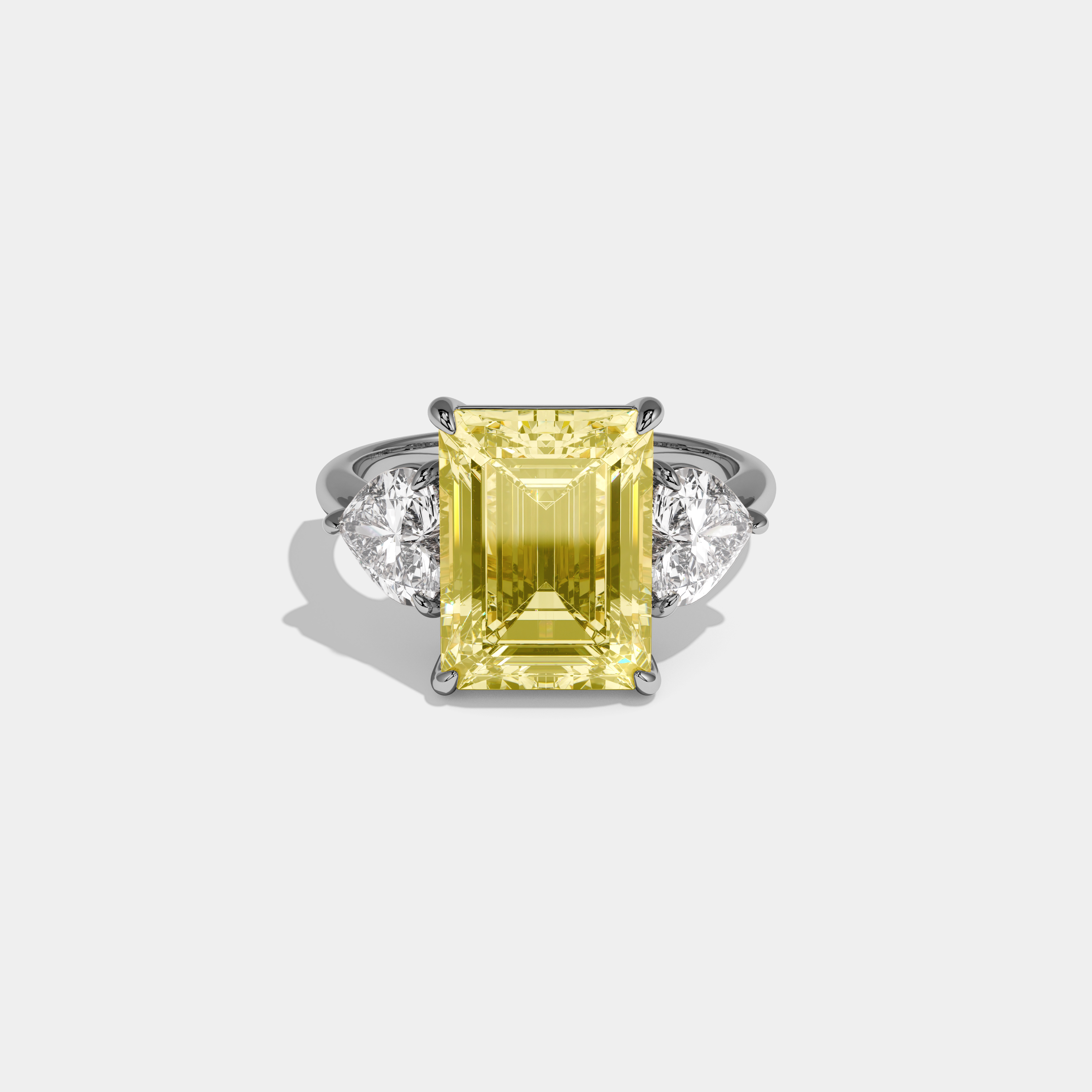 Georgiana Fancy Yellow Emerald Cut Diamond Plain Band With Heart Cut Sides Engagement Ring 8ct 18K White Gold