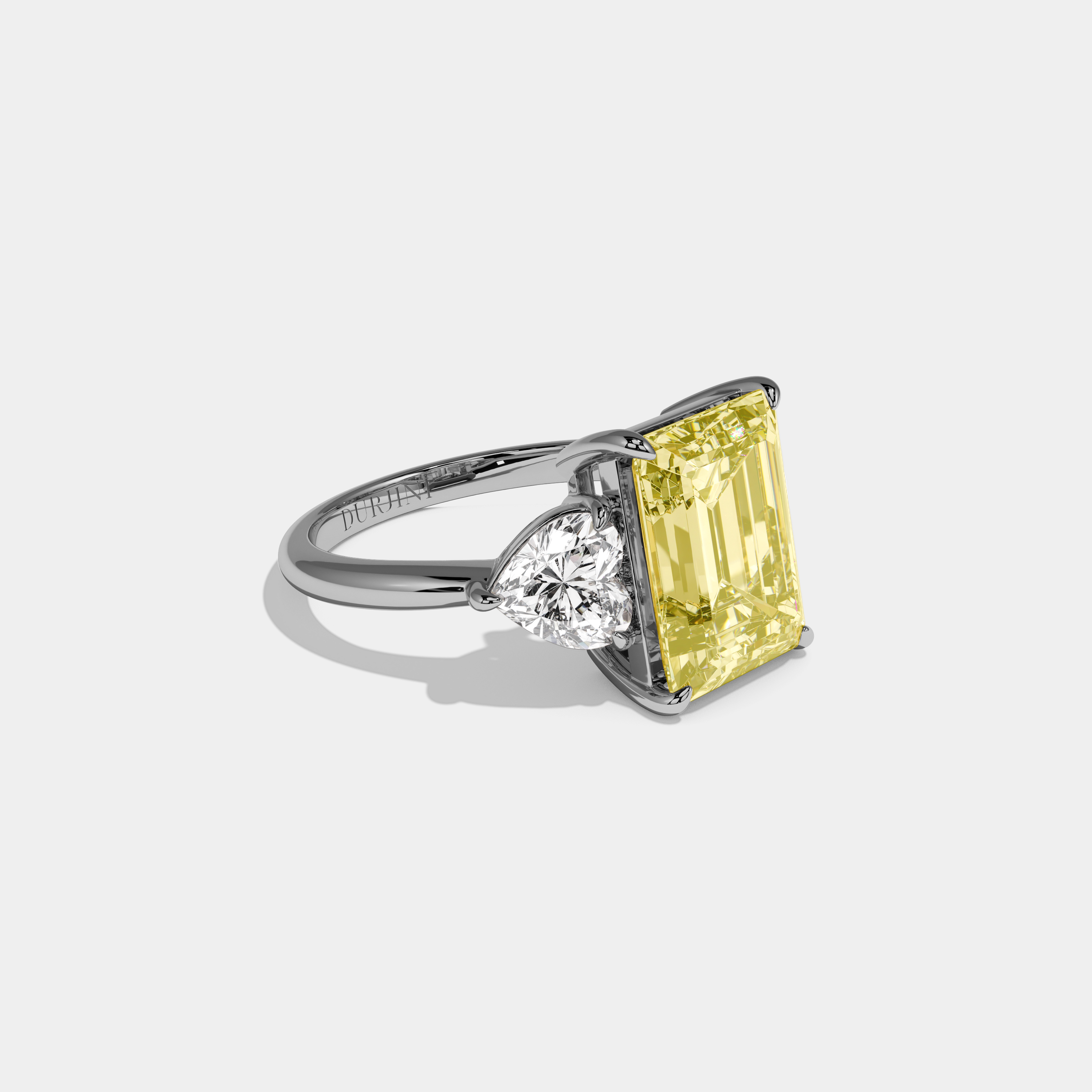 Georgiana Fancy Yellow Emerald Cut Diamond Plain Band With Heart Cut Sides Engagement Ring 8ct 18K White Gold