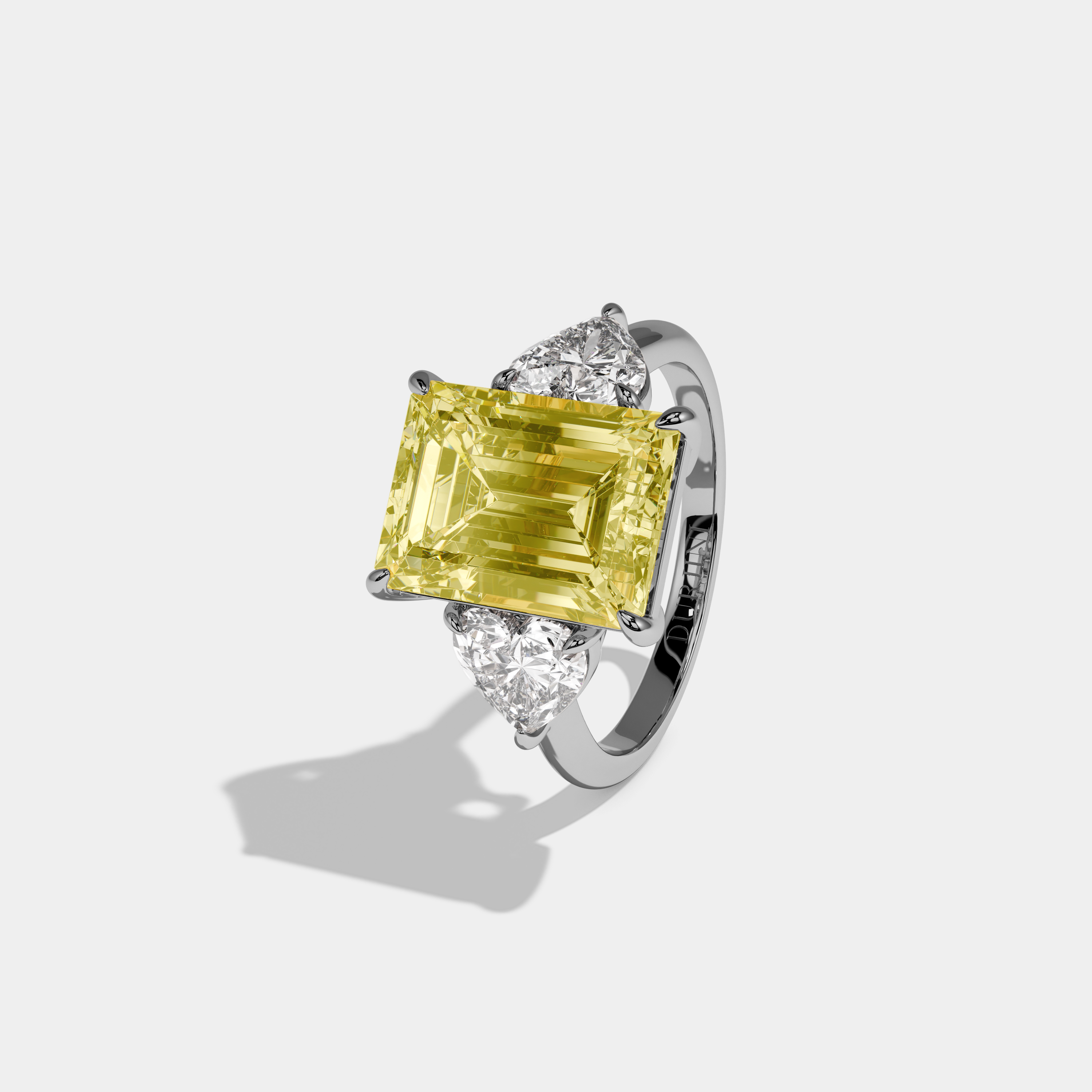 Georgiana Fancy Yellow Emerald Cut Diamond Plain Band With Heart Cut Sides Engagement Ring 8ct 18K White Gold