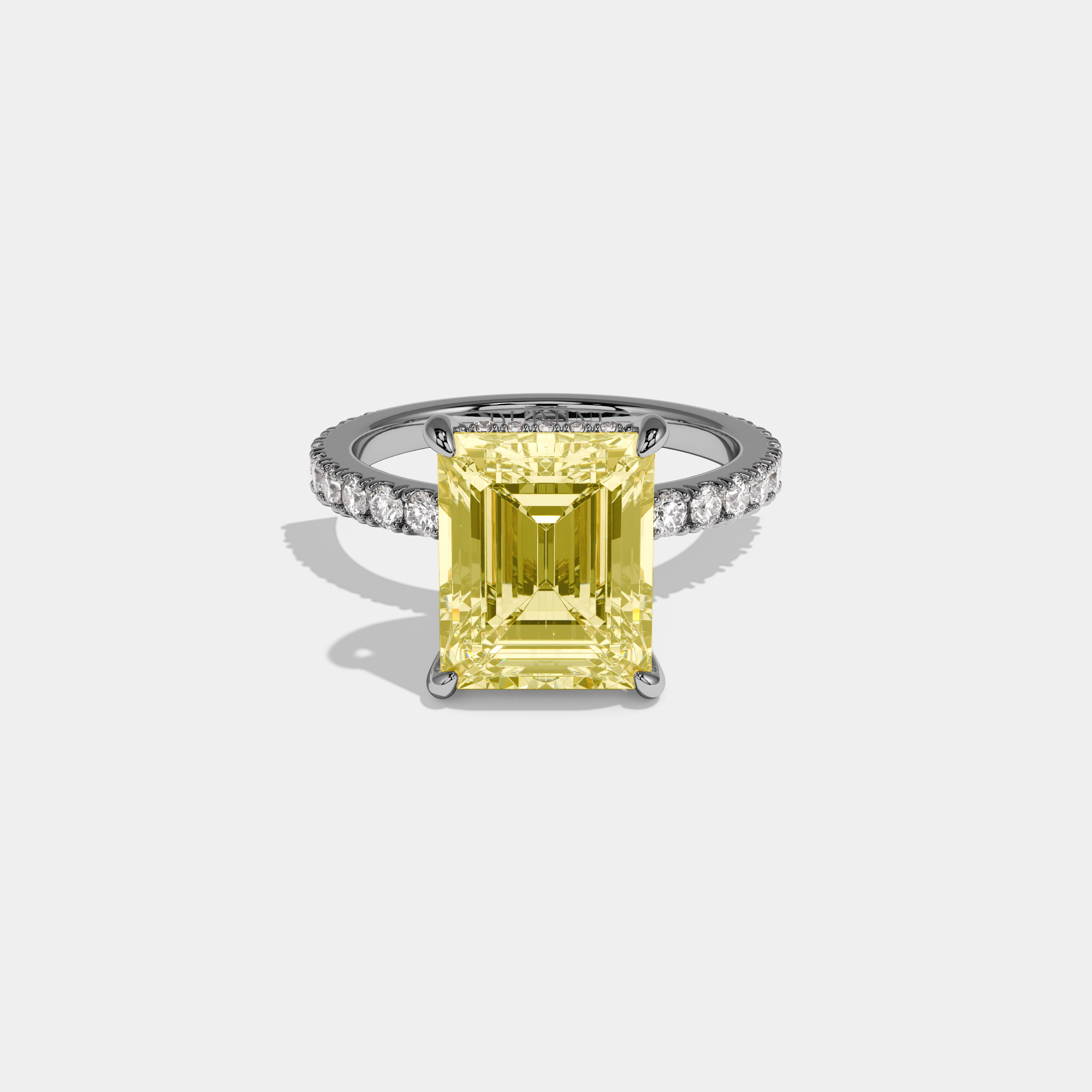 Matilda Fancy Yellow Emerald Cut Diamond Band Engagement Ring 7ct 18K White Gold