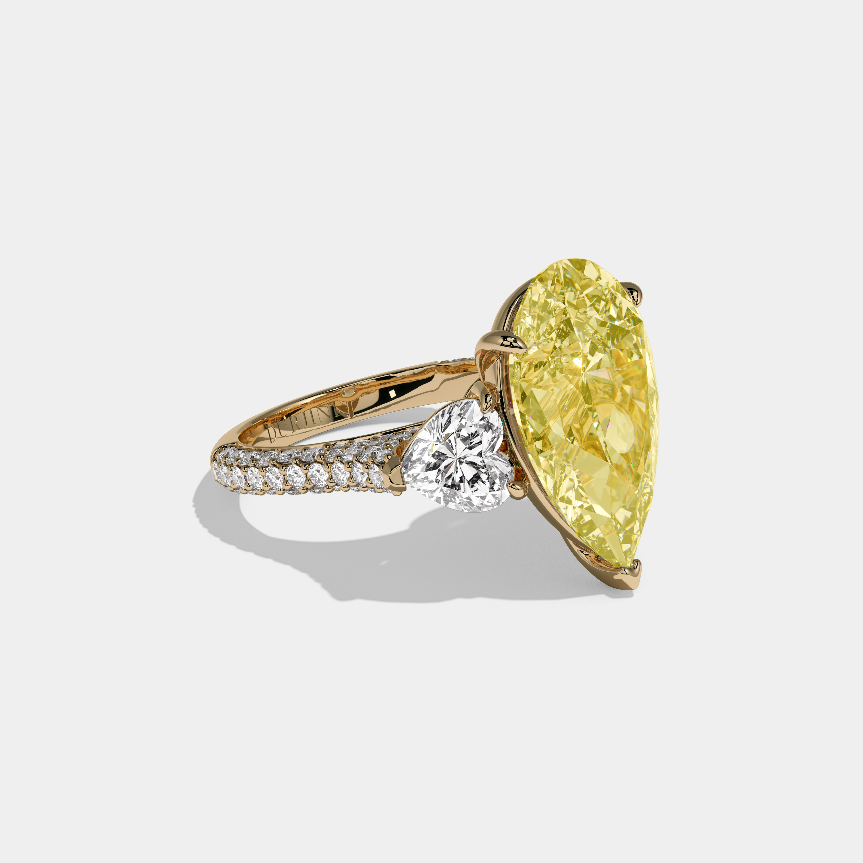 Victoria Fancy Yellow Pear Cut Diamond Band With Heart Cut Sides Engagement Ring 9ct 18K Yellow Gold