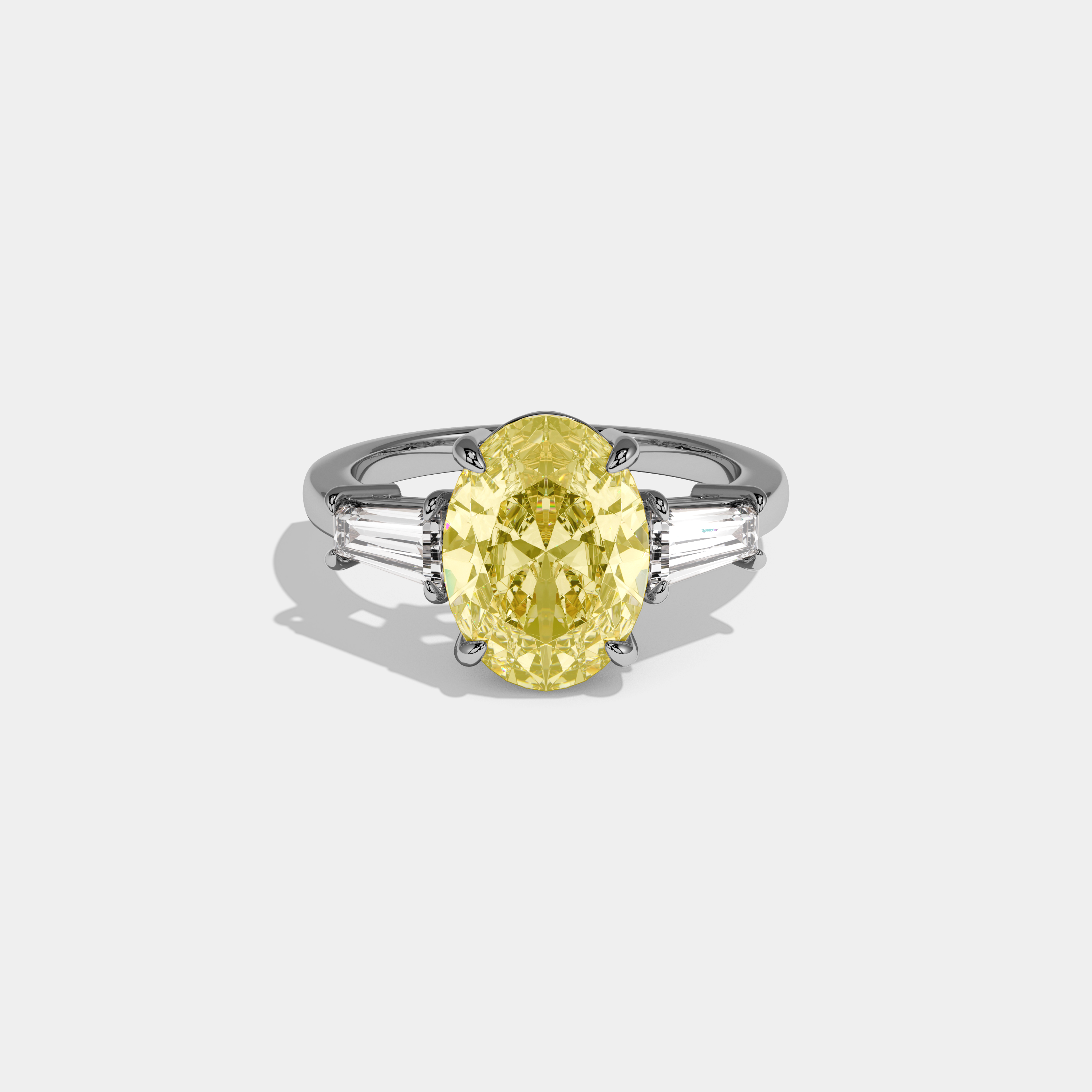 Olivia Fancy Yellow Oval Cut Diamond Plain Band Engagement Ring With Baguette Cut Sides 6ct 18K White Gold