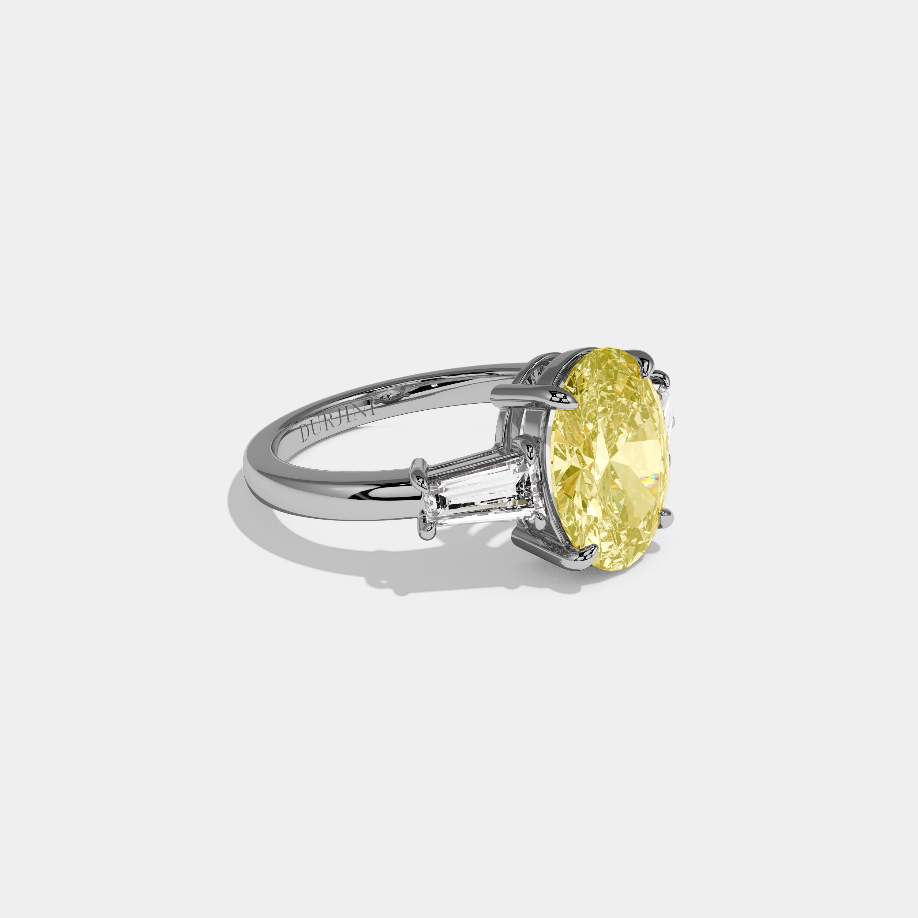 Olivia Fancy Yellow Oval Cut Diamond Plain Band Engagement Ring With Baguette Cut Sides 6ct 18K White Gold