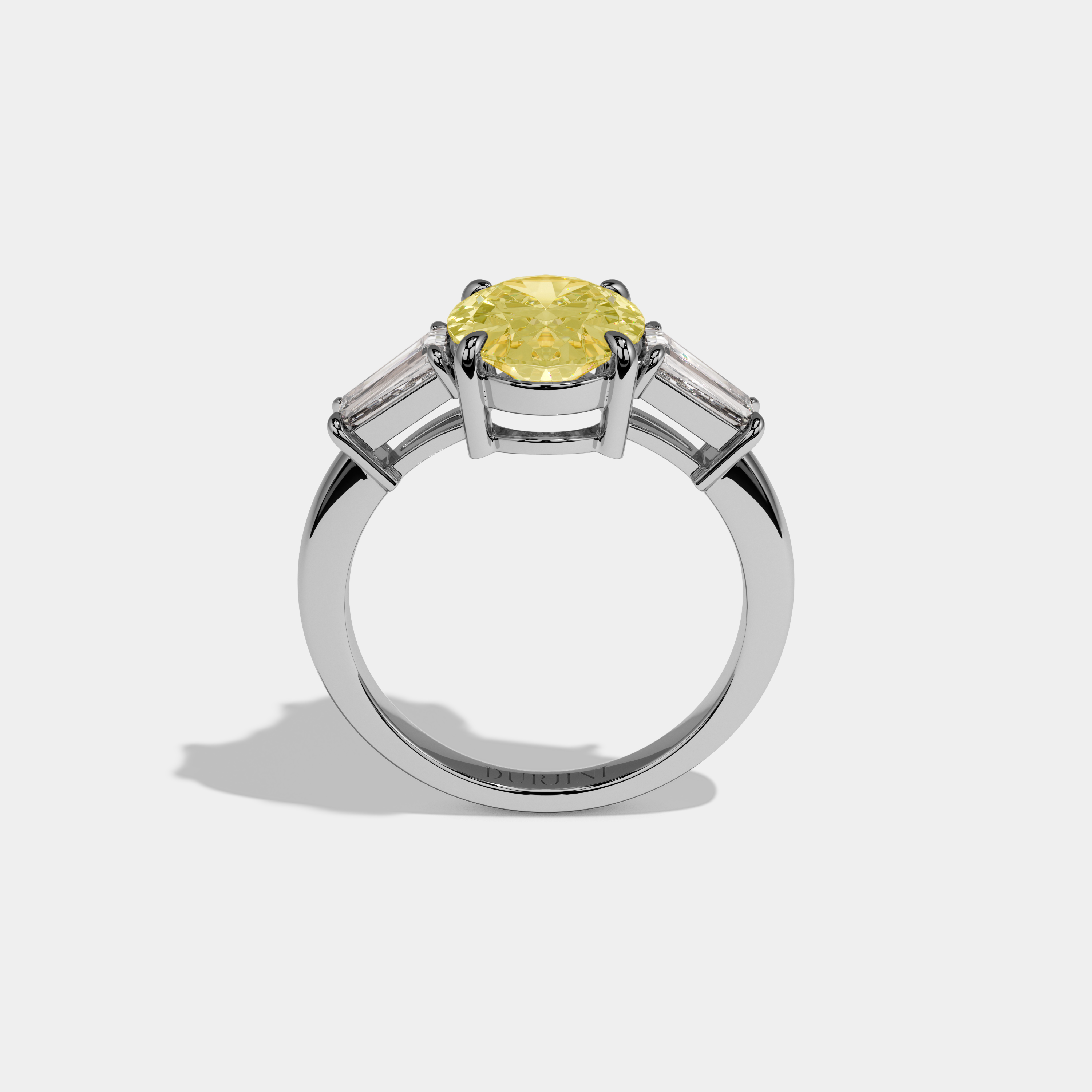 Olivia Fancy Yellow Oval Cut Diamond Plain Band Engagement Ring With Baguette Cut Sides 6ct 18K White Gold