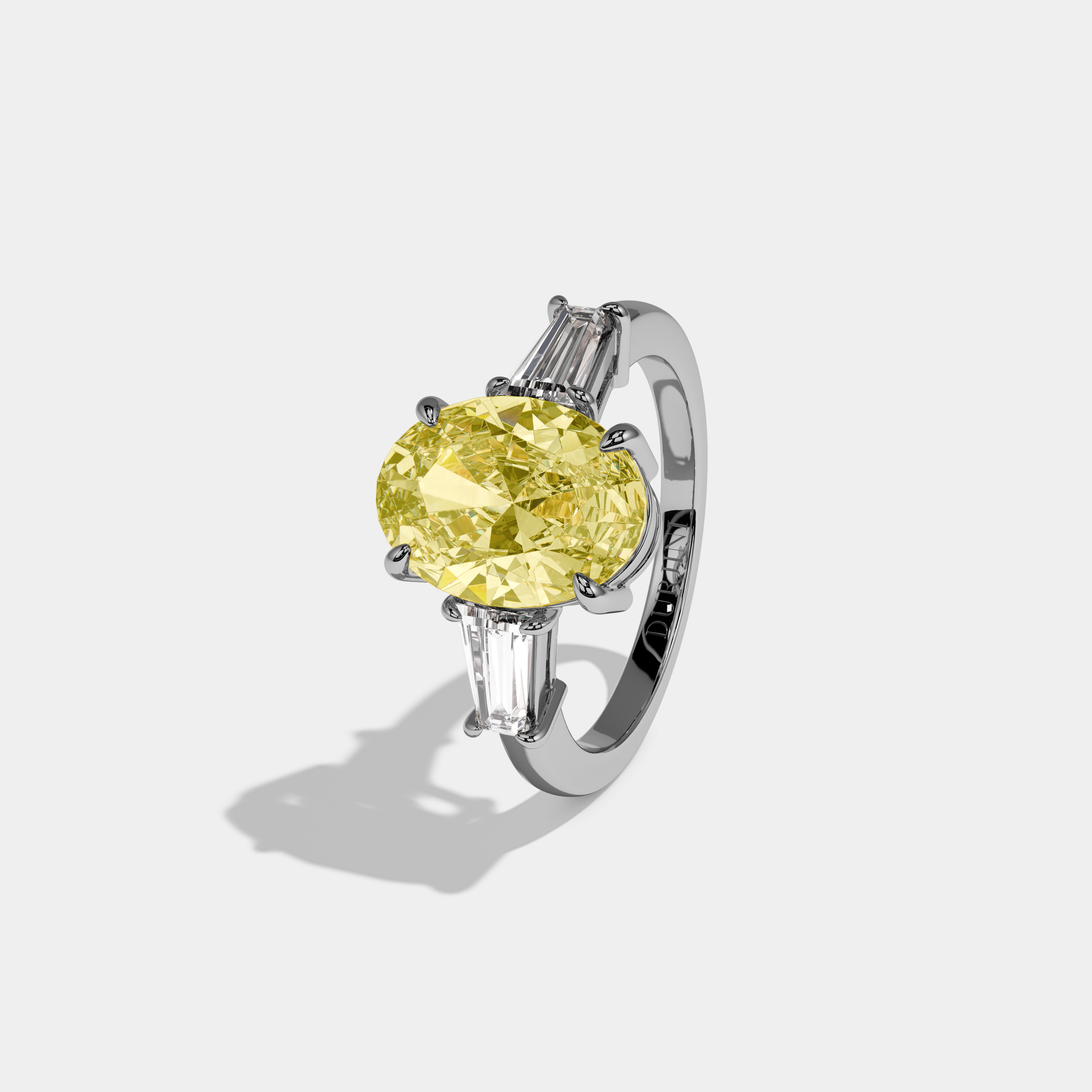 Olivia Fancy Yellow Oval Cut Diamond Plain Band Engagement Ring With Baguette Cut Sides 6ct 18K White Gold