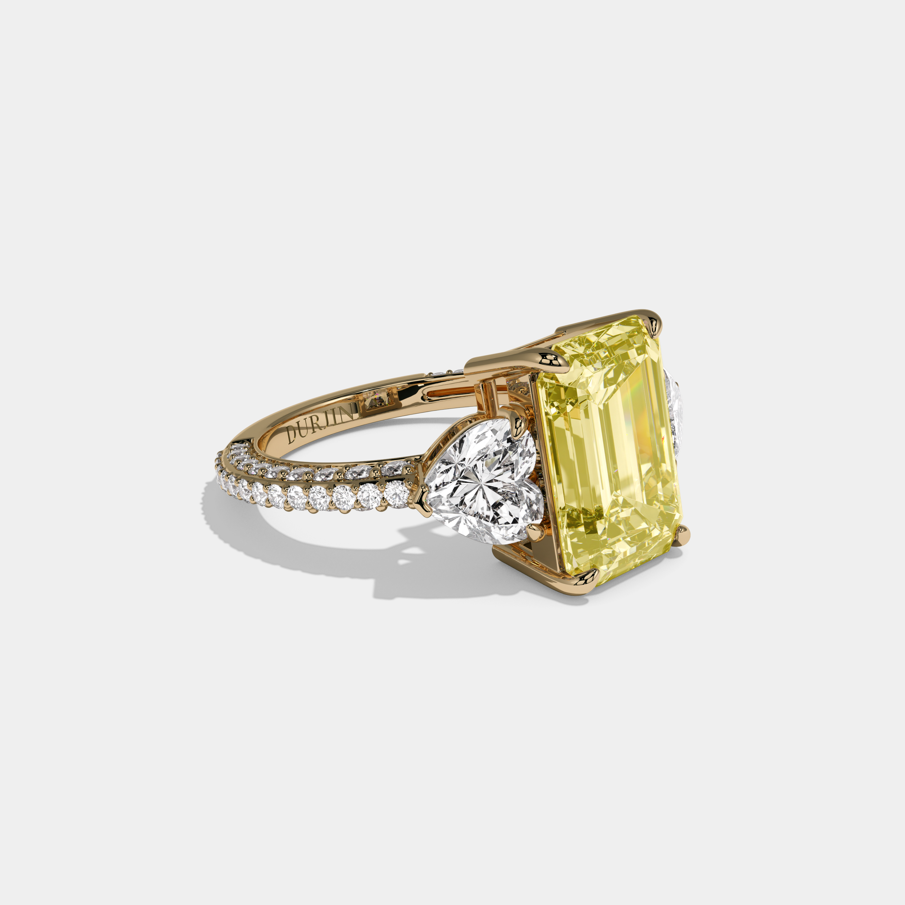 Victoria Fancy Yellow Emerald Cut Diamond Band With Heart Cut Sides Engagement Ring 8ct 18K Yellow Gold