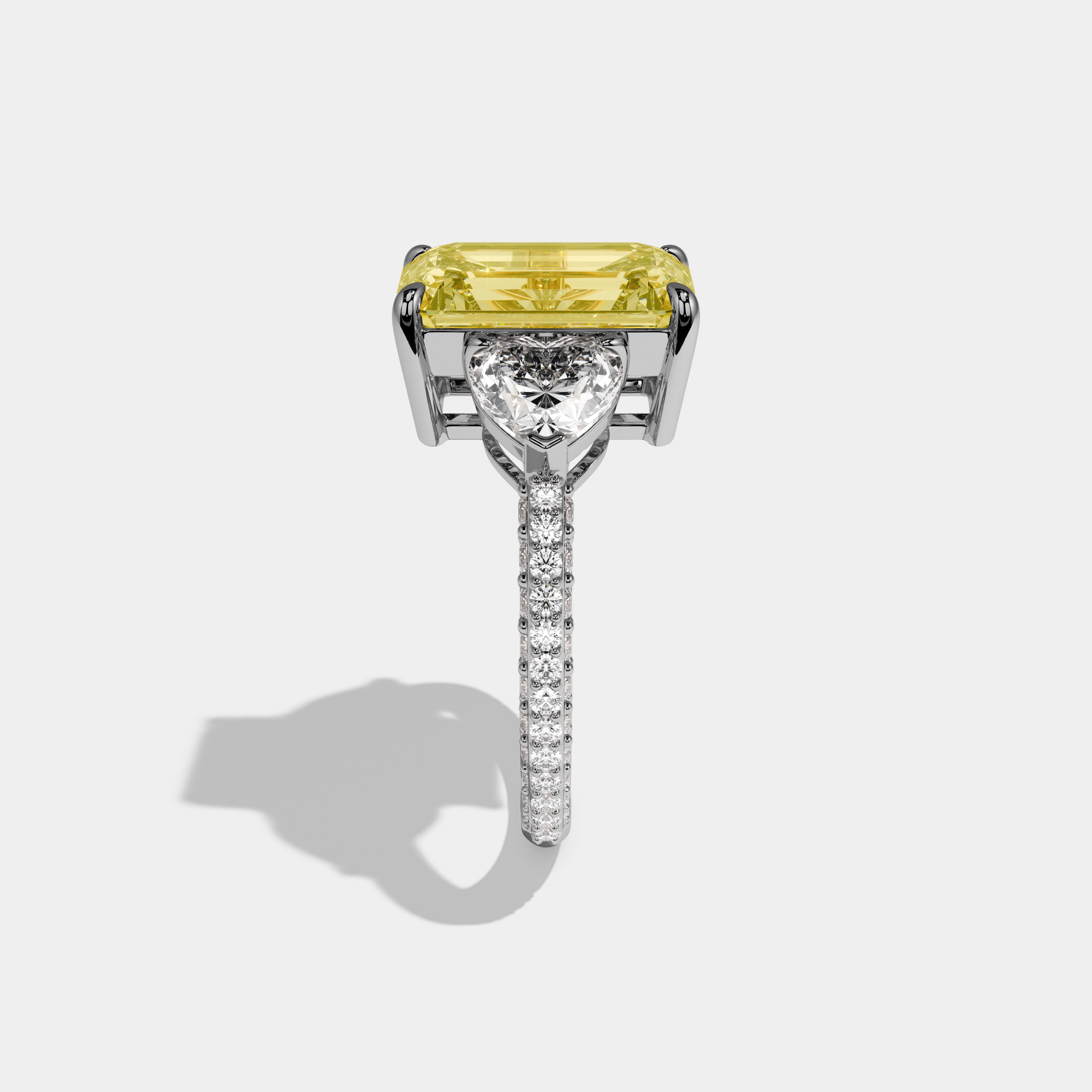 Amelia Fancy Yellow Emerald Cut Diamond Band With Heart Cut Sides Engagement Ring 8ct 18K White Gold