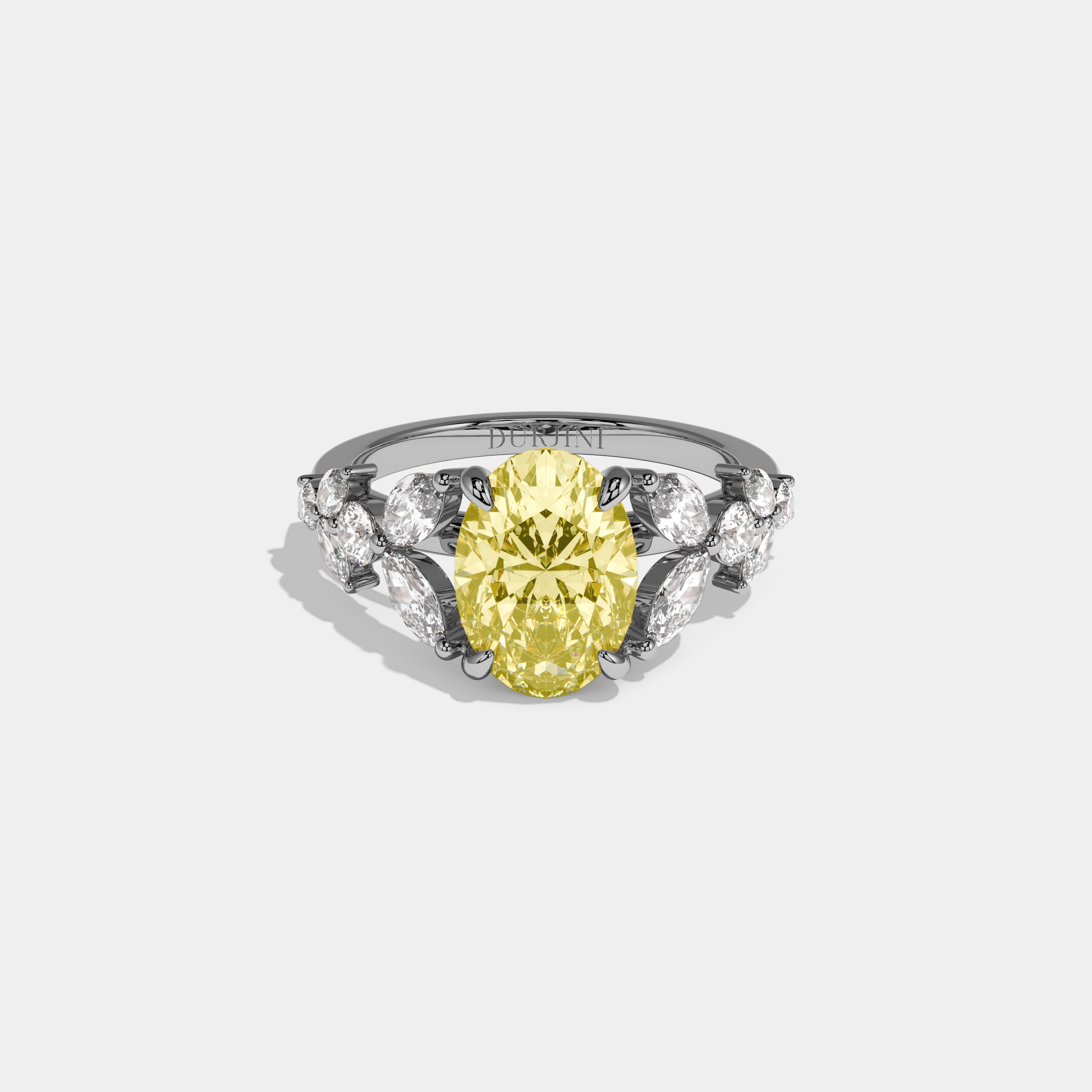 Lily Fancy Yellow Oval Cut Diamond Plain Band Engagement Ring With Marquise Sides 6ct 18k White Gold