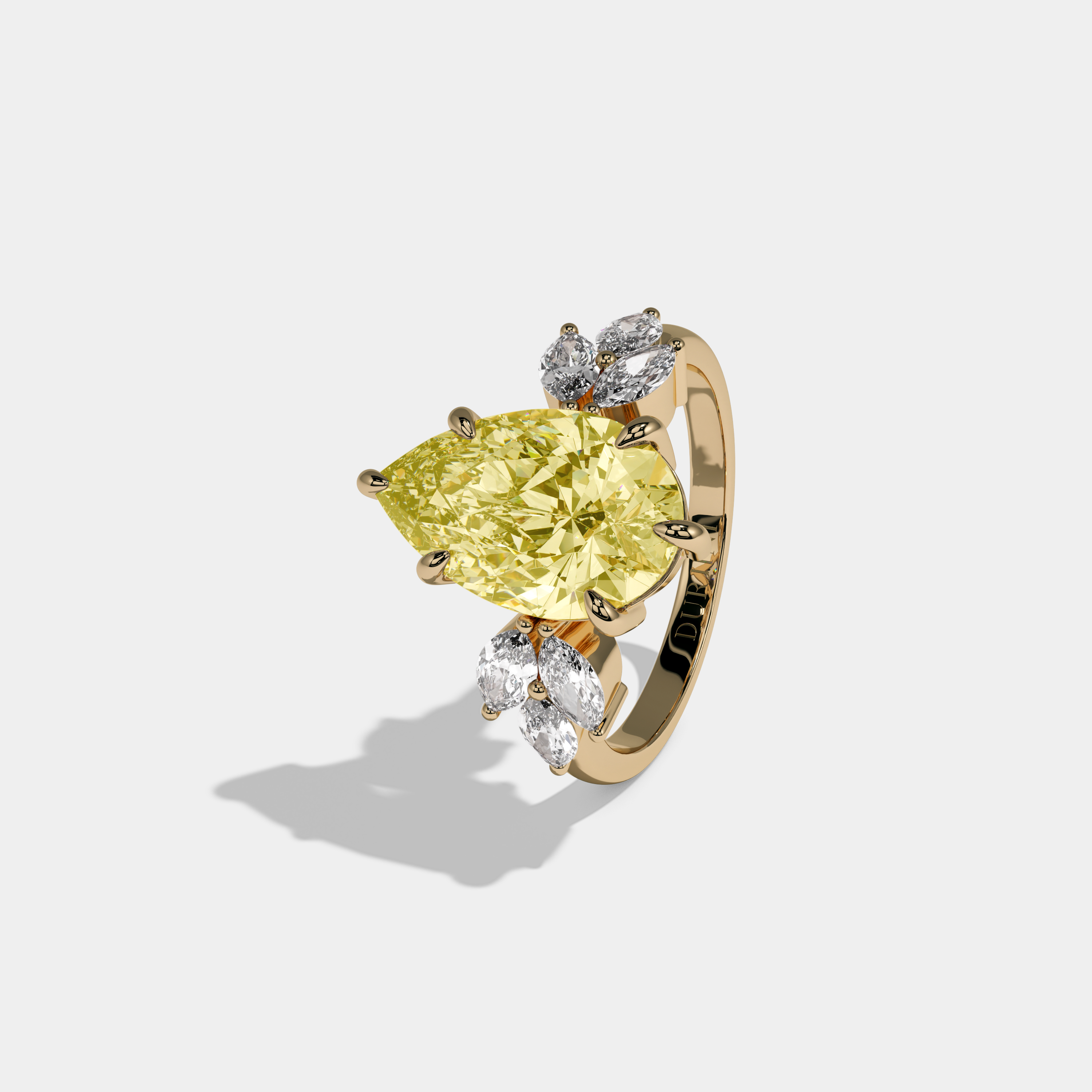 Victoria Fancy Yellow Pear Cut Diamond Plain Band With Marquise Cut Sides Engagement Ring 7ct 18K Yellow Gold