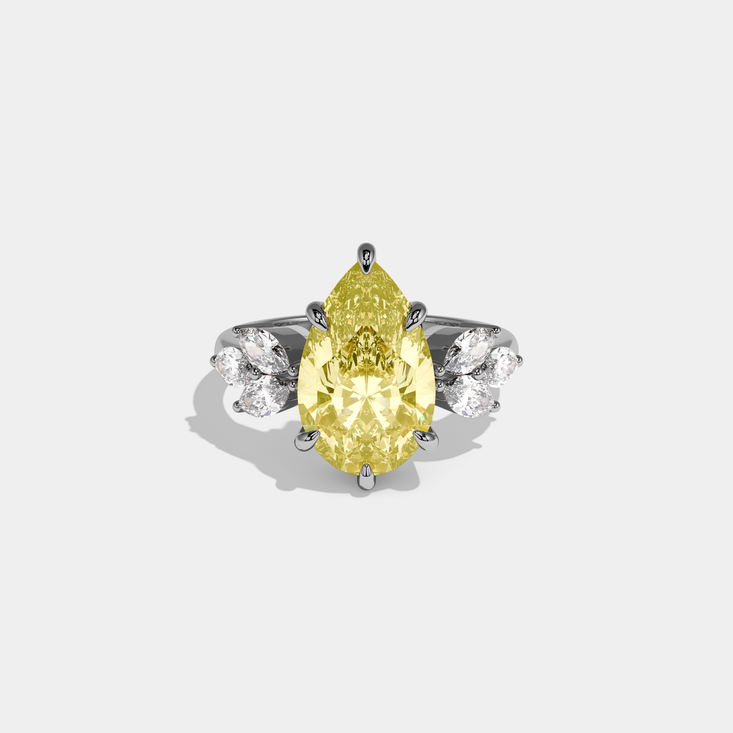 Freya Fancy Yellow Pear Cut Diamond Plain Band With Marquise Cut Sides Engagement Ring 7ct 18K White Gold