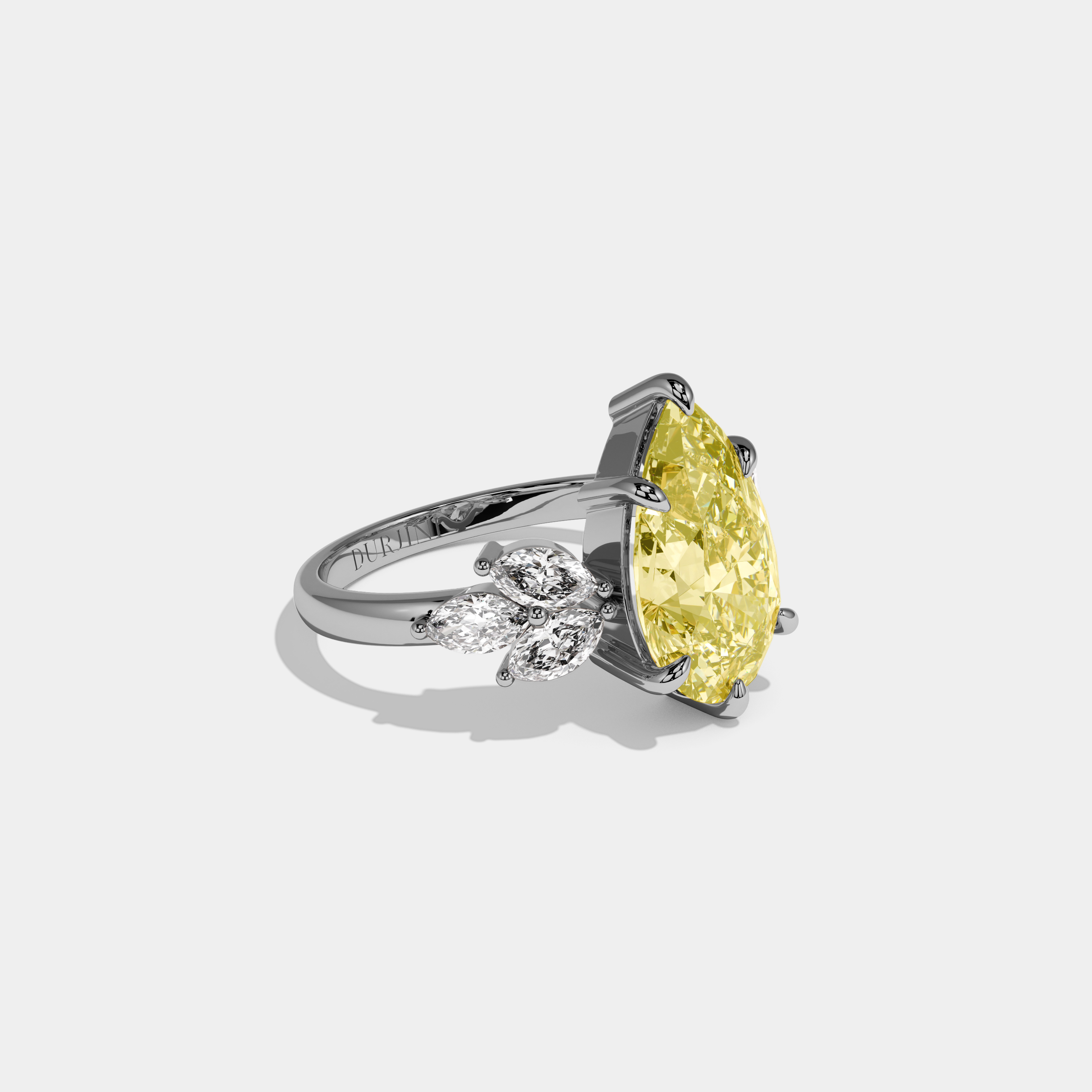 Freya Fancy Yellow Pear Cut Diamond Plain Band With Marquise Cut Sides Engagement Ring 7ct 18K White Gold