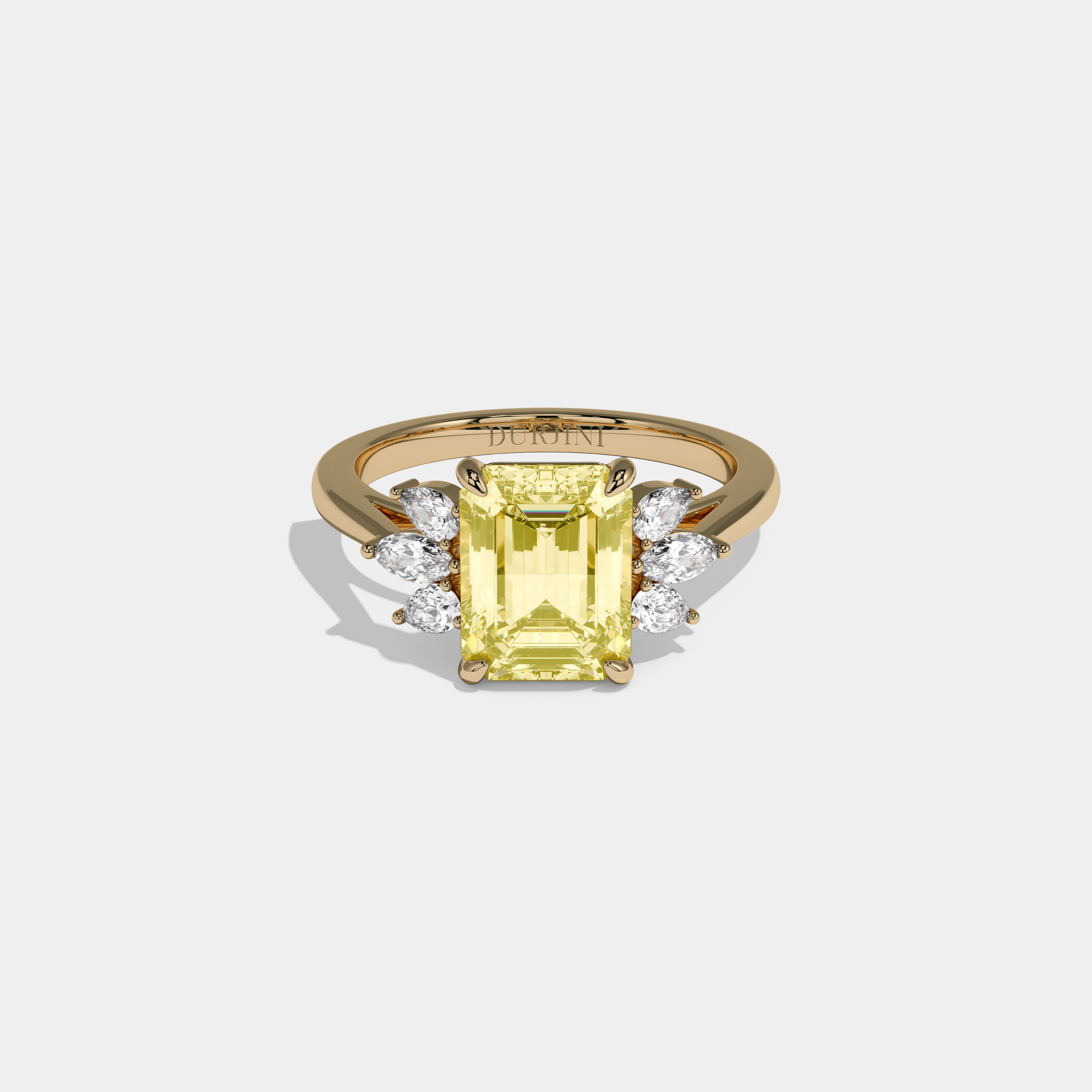 Victoria Fancy Yellow Emerald Cut Diamond Plain Band With Marquise Cut Sides Engagement Ring 6ct 18K Yellow Gold
