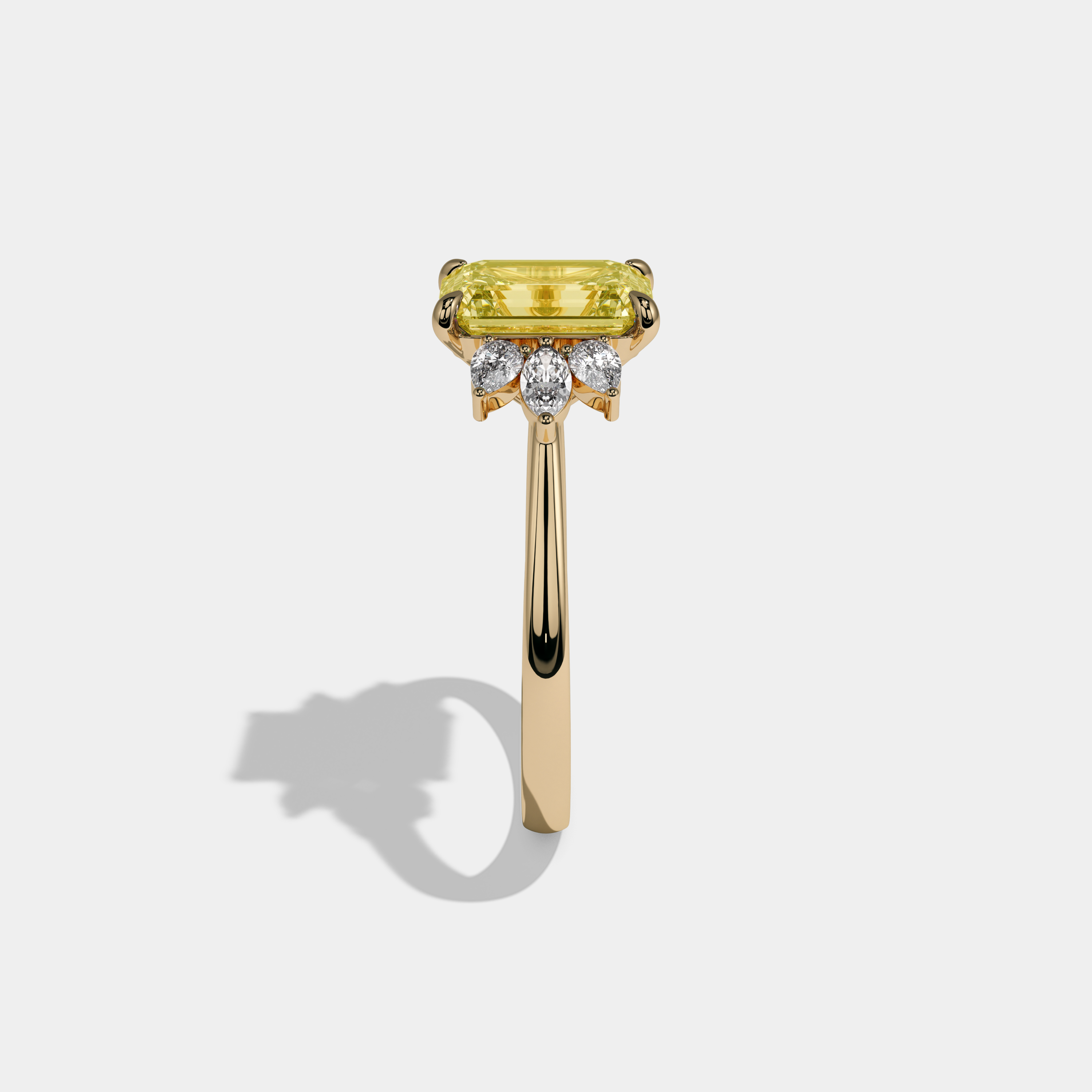 Victoria Fancy Yellow Emerald Cut Diamond Plain Band With Marquise Cut Sides Engagement Ring 6ct 18K Yellow Gold