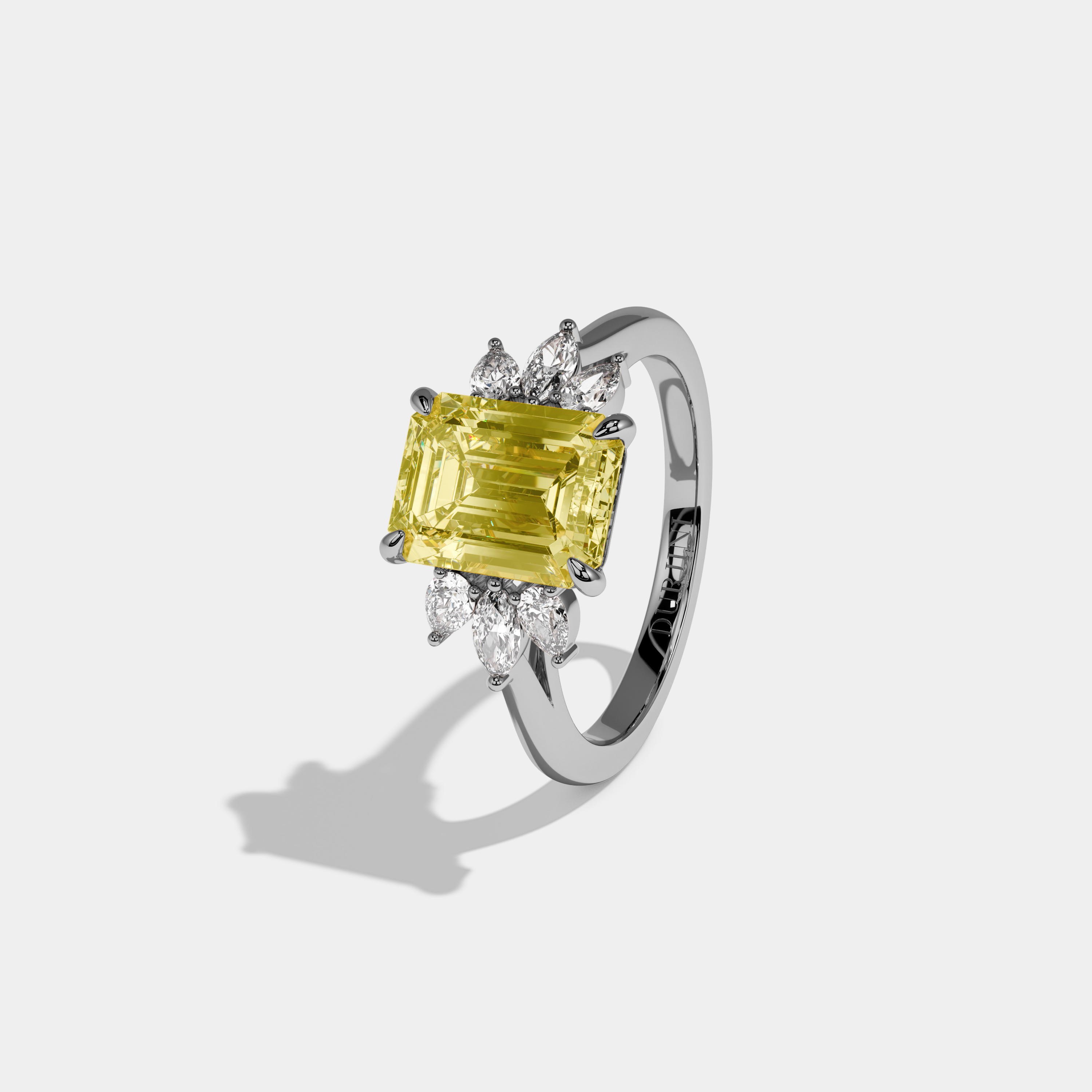 Bonnie Fancy Yellow Emerald Cut Diamond Plain Band With Marquise Cut Sides Engagement Ring 6ct 18K White Gold