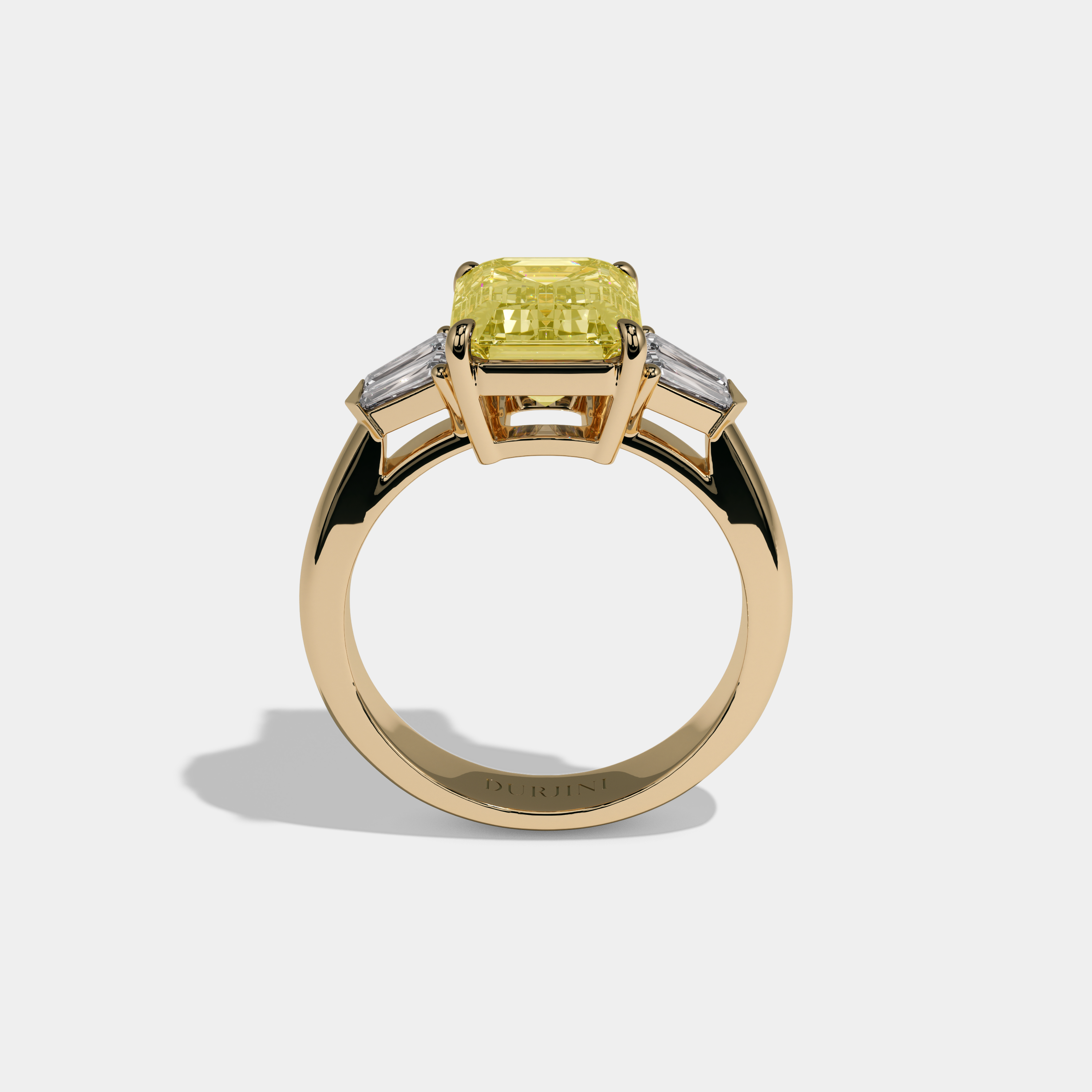 Victoria Fancy Yellow Emerald Cut Diamond Plain Band With Baguette Sides Engagement Ring 6ct 18K Yellow Gold
