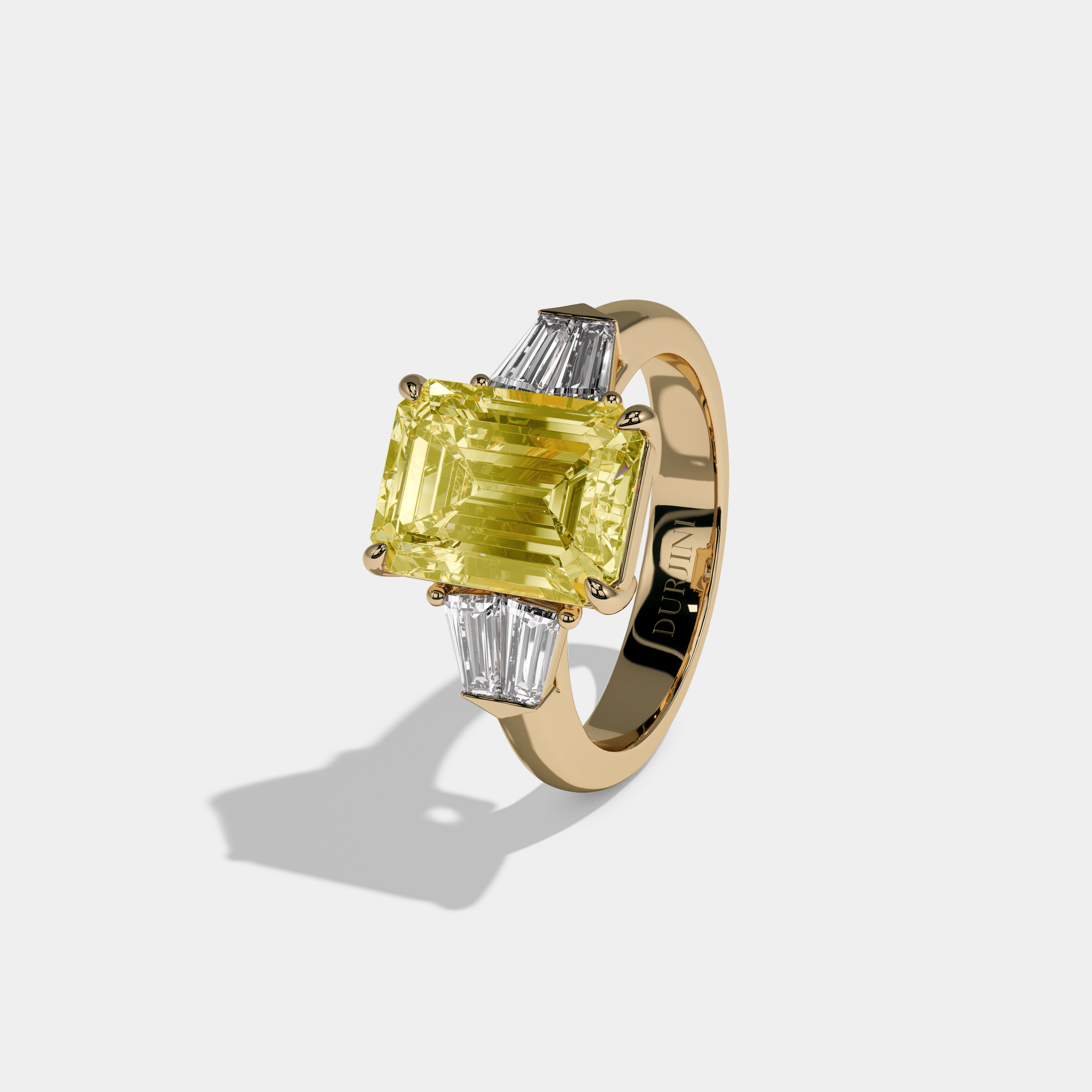 Victoria Fancy Yellow Emerald Cut Diamond Plain Band With Baguette Sides Engagement Ring 6ct 18K Yellow Gold
