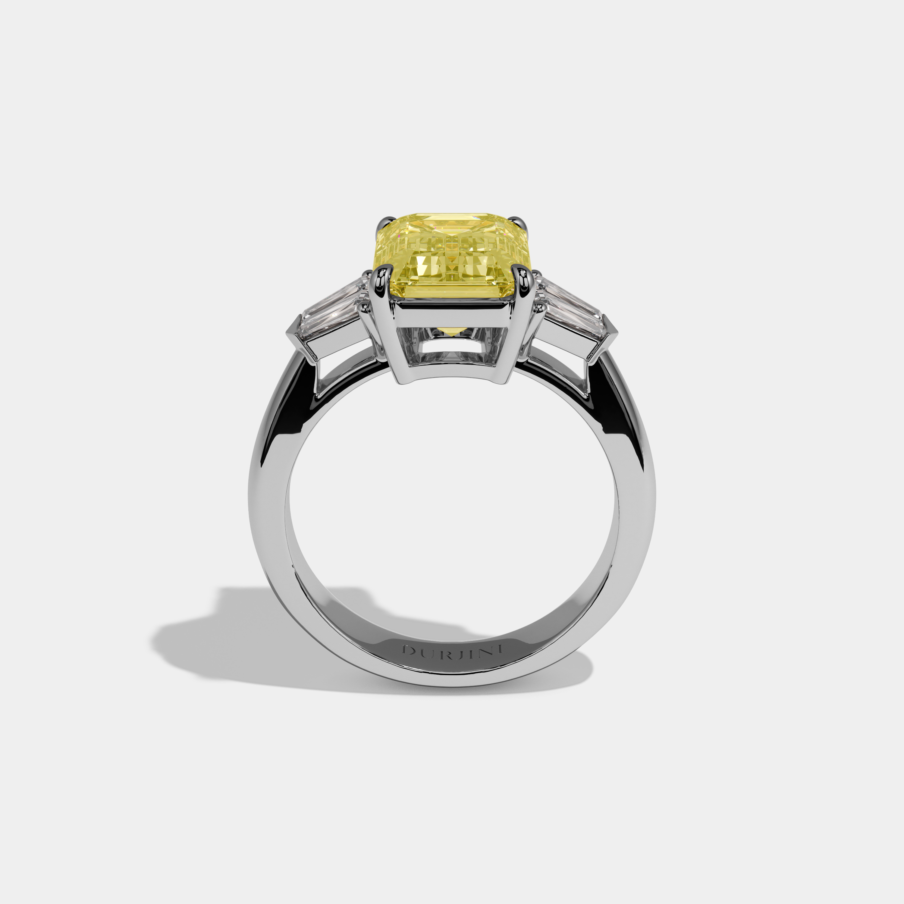 Henrietta Fancy Yellow Emerald Cut Diamond Plain Band With Baguette Sides Engagement Ring 6ct 18K White Gold