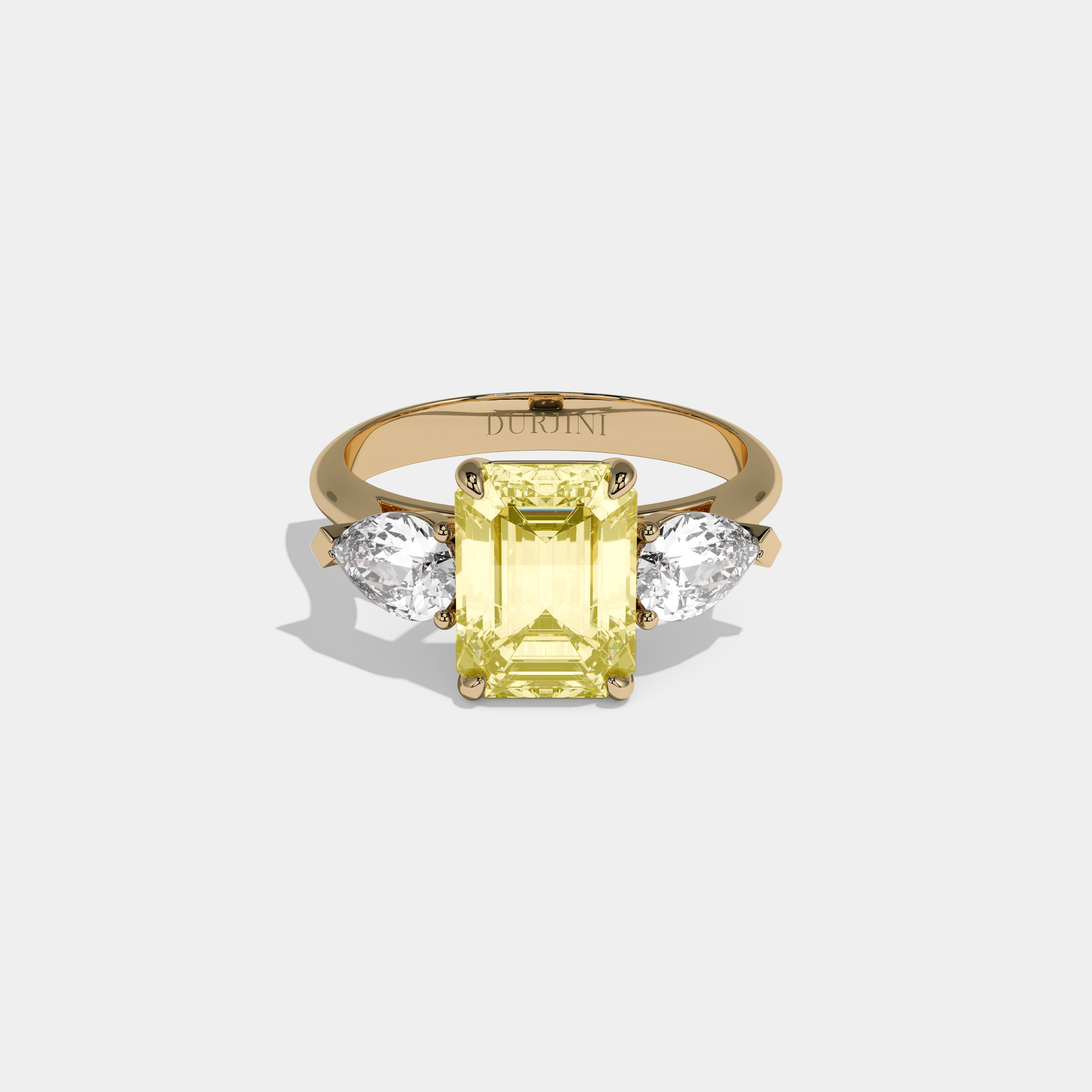 Seraphina Fancy Yellow Emerald Cut Diamond Plain Band With Pear Cut Sides Engagement Ring 6ct 18K Yellow Gold