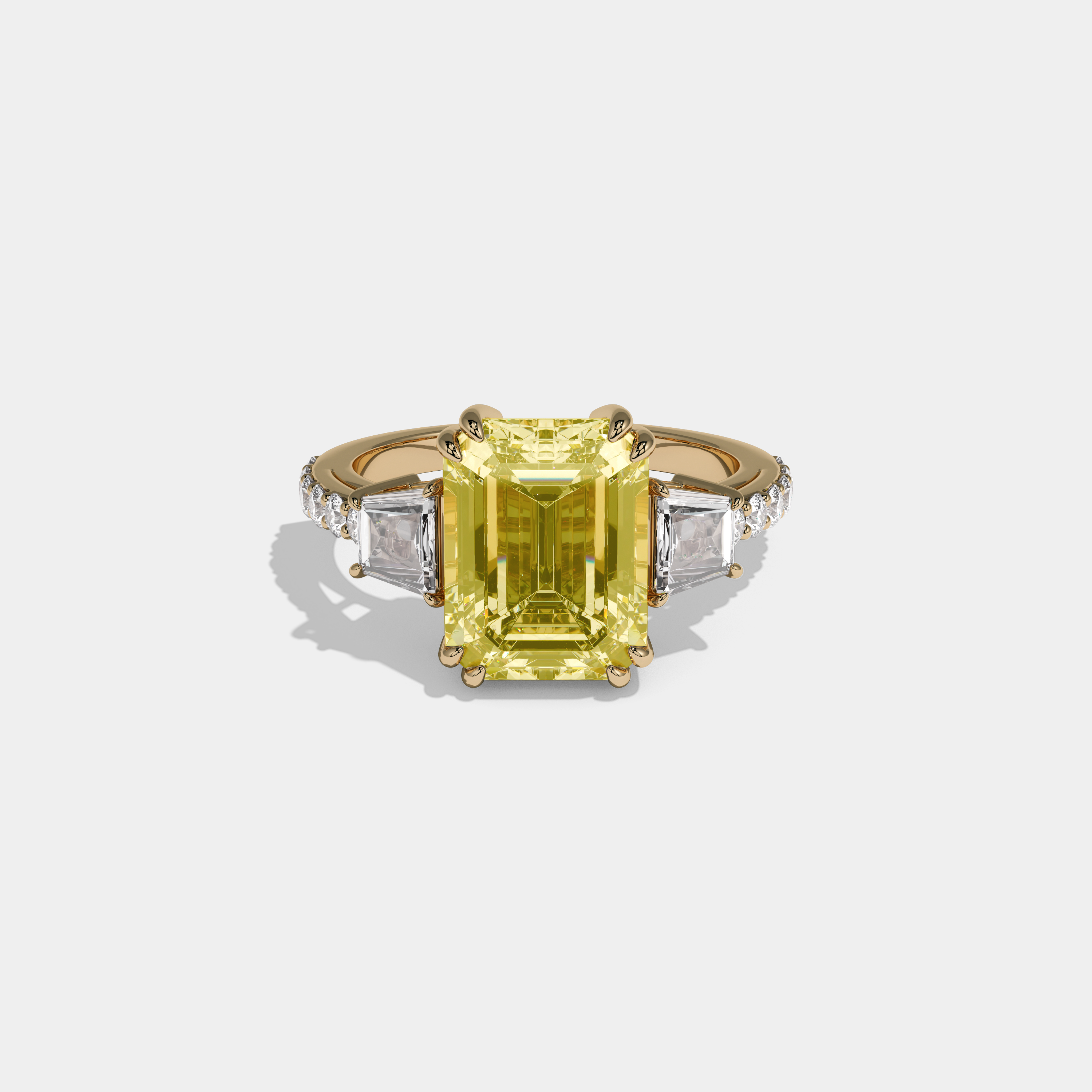 Victoria Fancy Yellow Emerald Cut Diamond Band With Step Cut Sides Engagement Ring 7ct 18K Yellow Gold