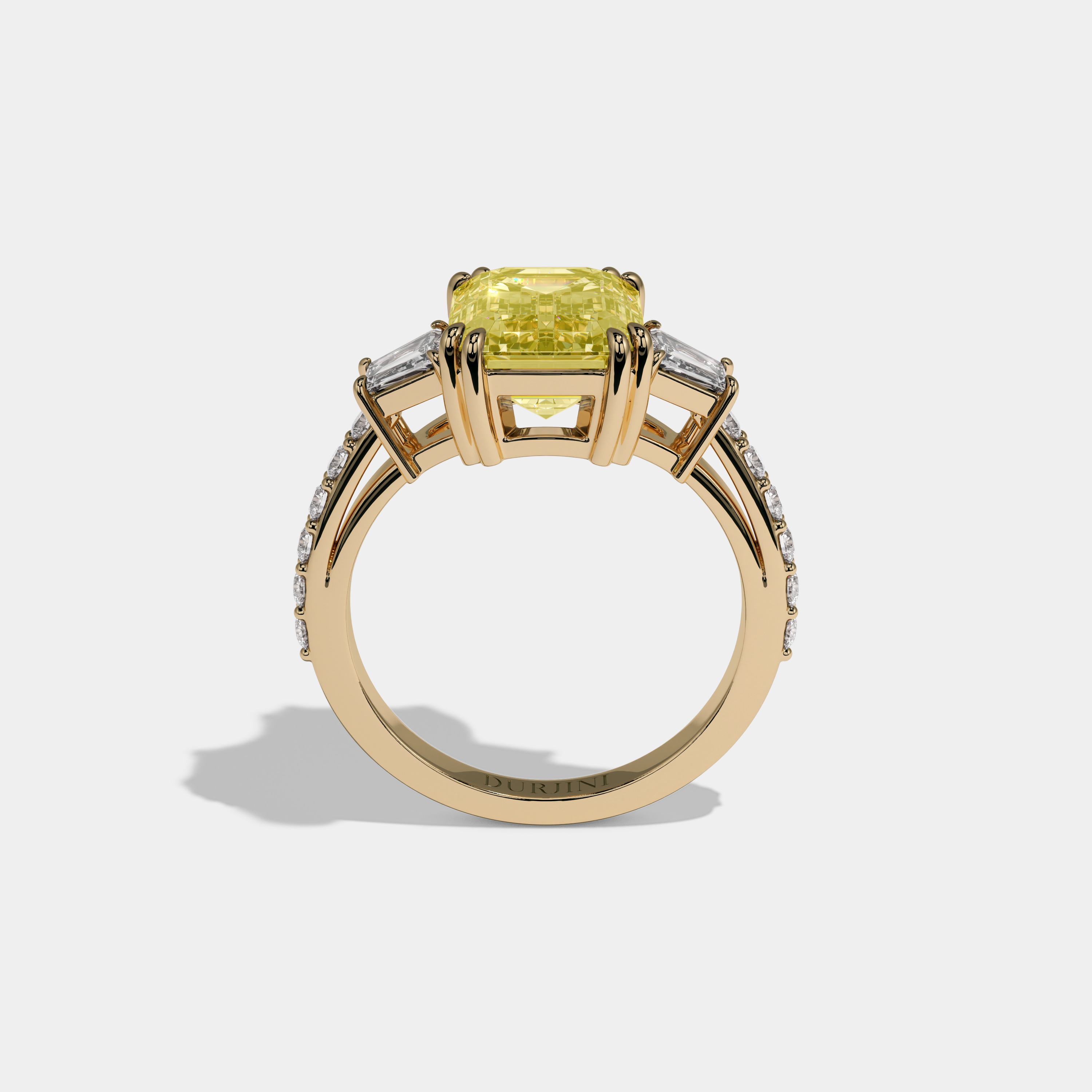 Victoria Fancy Yellow Emerald Cut Diamond Band With Step Cut Sides Engagement Ring 7ct 18K Yellow Gold