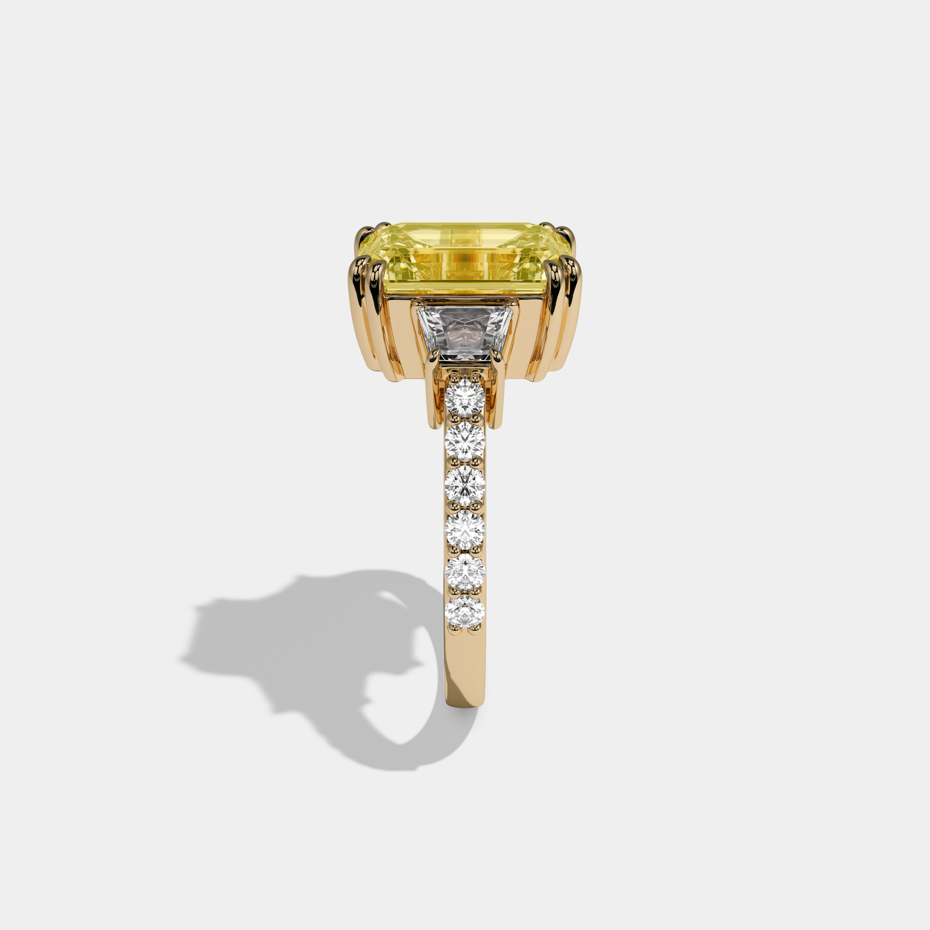 Victoria Fancy Yellow Emerald Cut Diamond Band With Step Cut Sides Engagement Ring 7ct 18K Yellow Gold