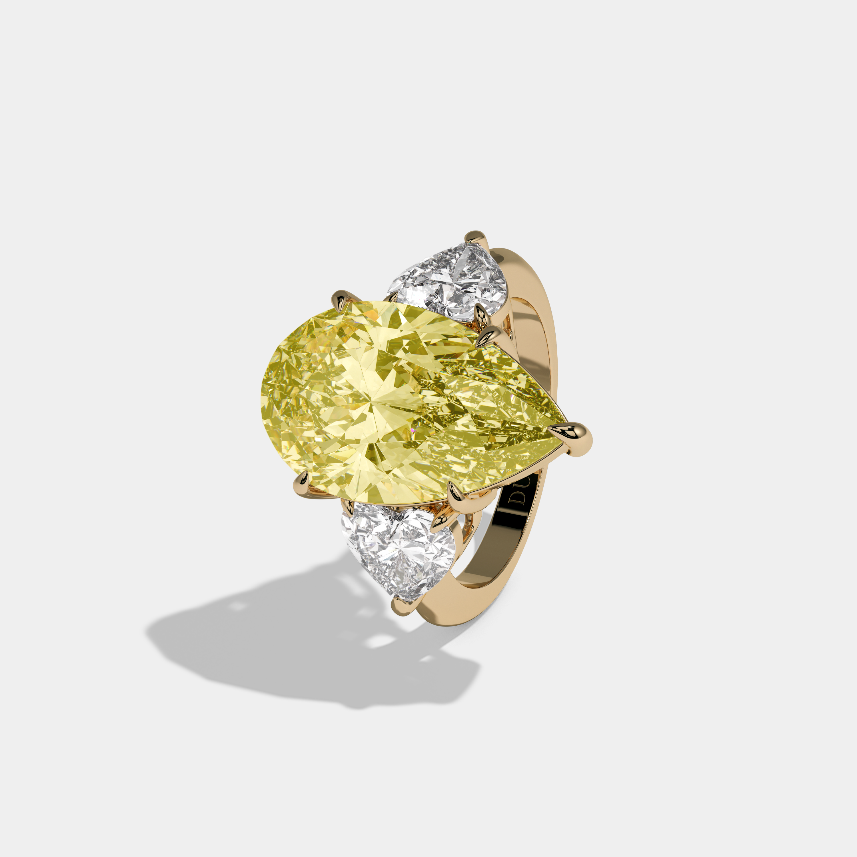 Augusta Fancy Yellow Pear Cut Diamond Plain Band With Heart Cut Sides Engagement Ring 6ct 18K Yellow Gold
