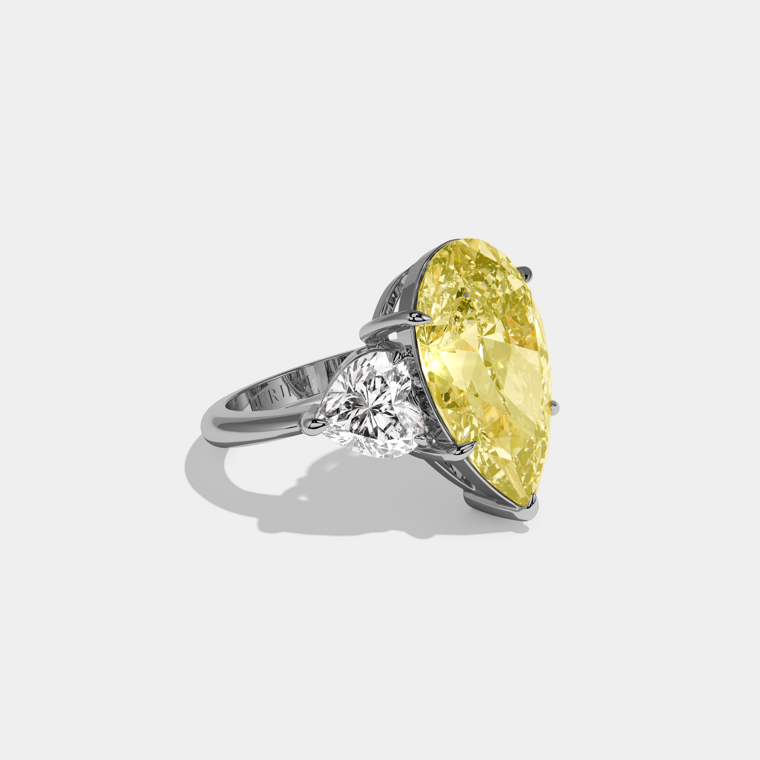 Honor Fancy Yellow Pear Cut Diamond Plain Band With Heart Cut Sides Engagement Ring 6ct 18K White Gold