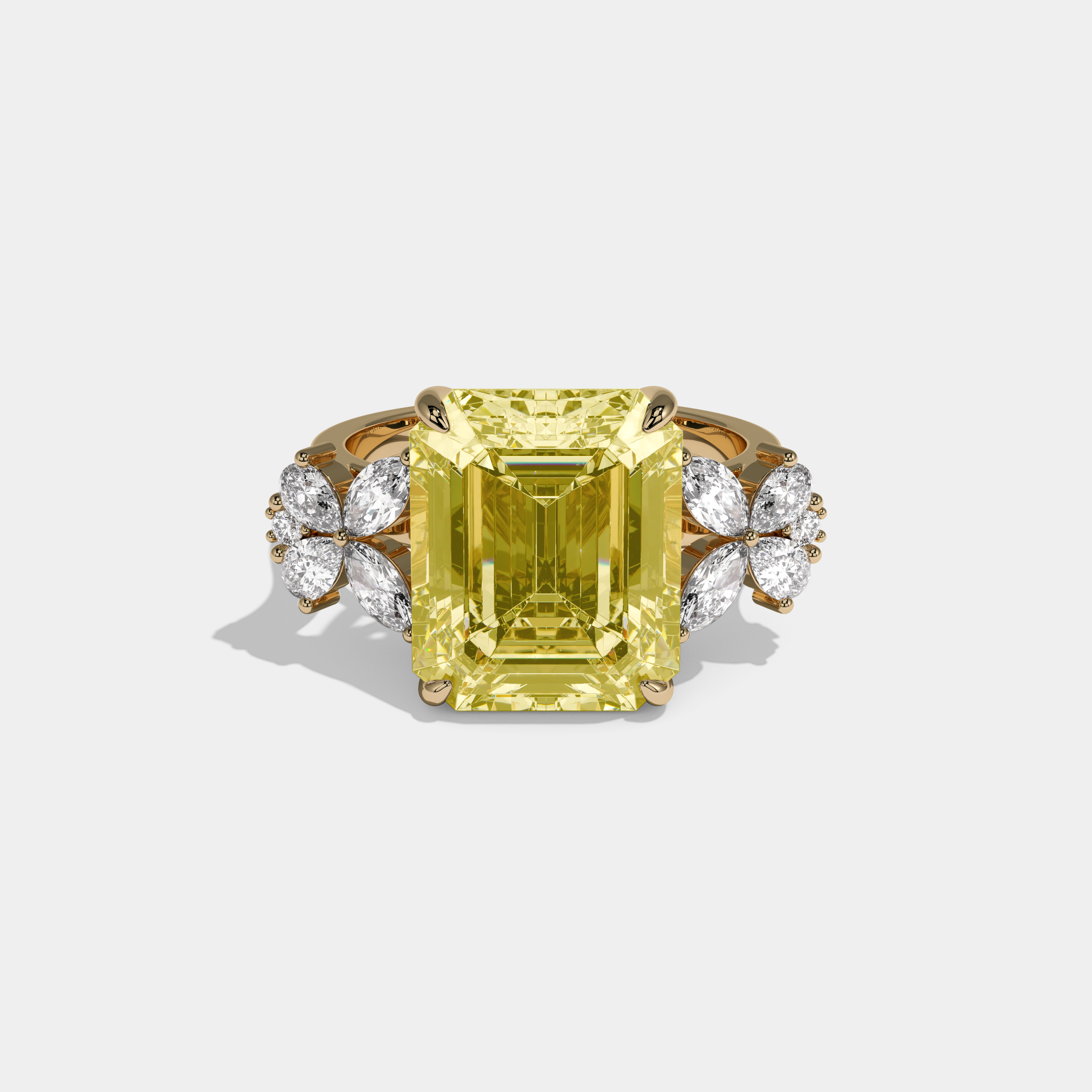 Arabella Fancy Yellow Emerald Cut Diamond Band Engagement Ring With Butterfly Sides 9ct 18K Yellow Gold