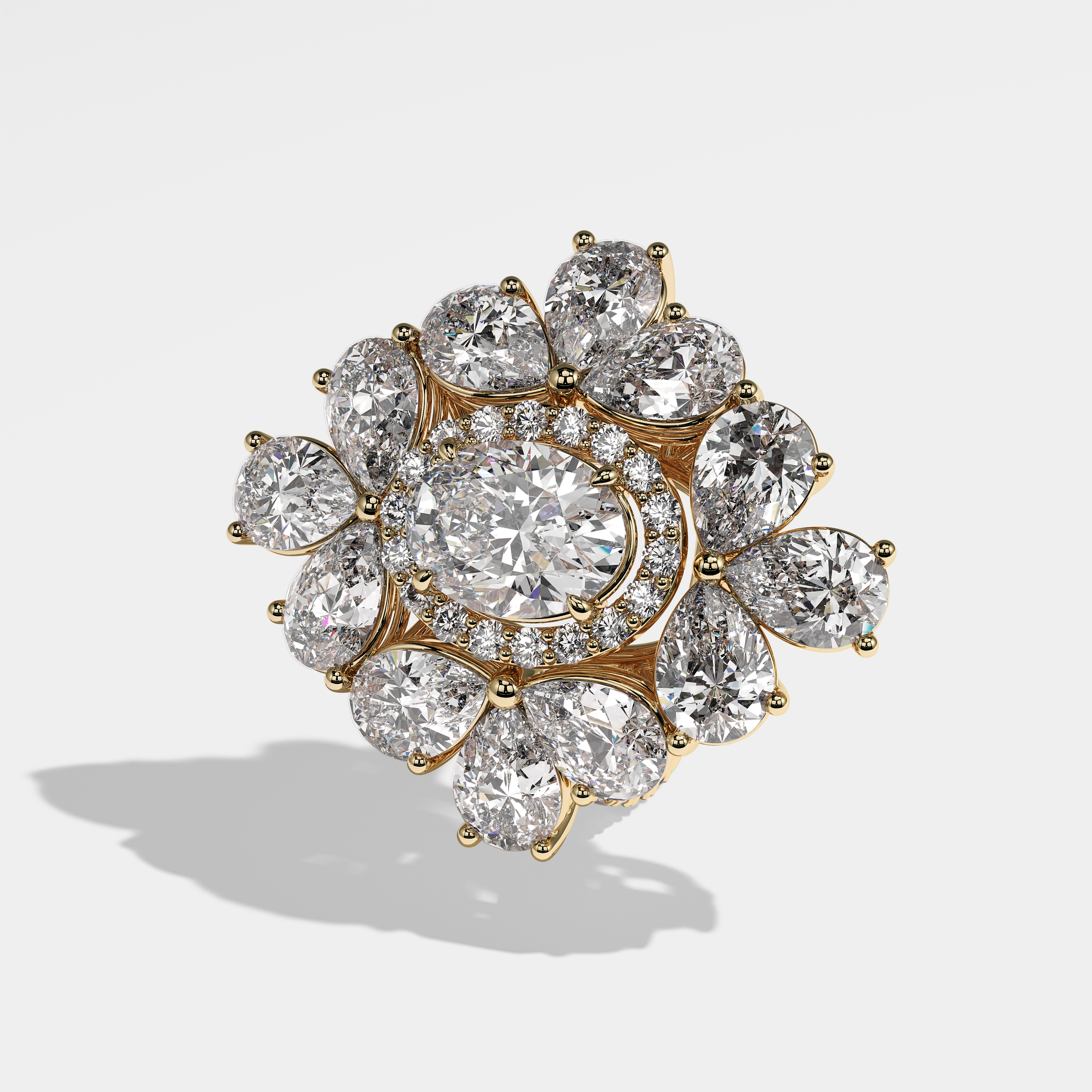 Emblem diamond halo engagement ring in 18K yellow gold by Kurbãni Durjini, left view