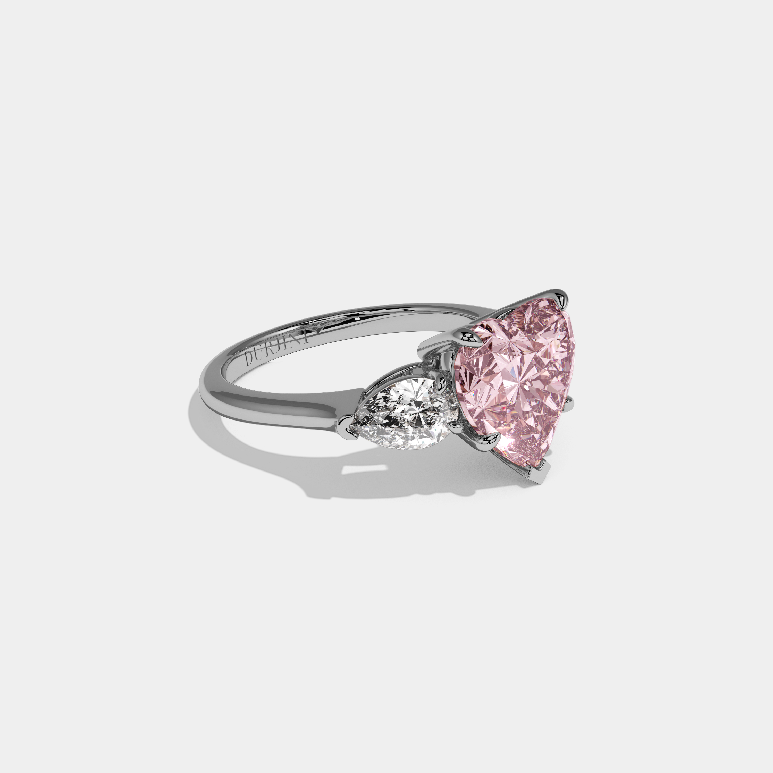 Beatrice Fancy Pink Heart Cut Diamond Plain Band With Pear Cut Sides Engagement Ring 8ct 18K White Gold