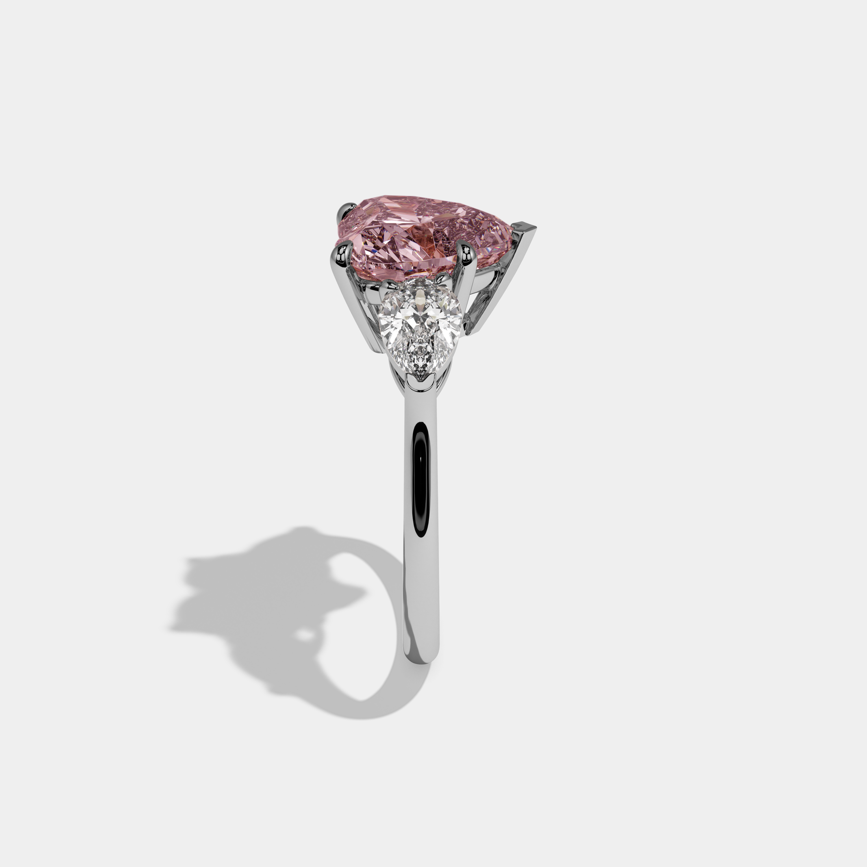 Beatrice Fancy Pink Heart Cut Diamond Plain Band With Pear Cut Sides Engagement Ring 8ct 18K White Gold