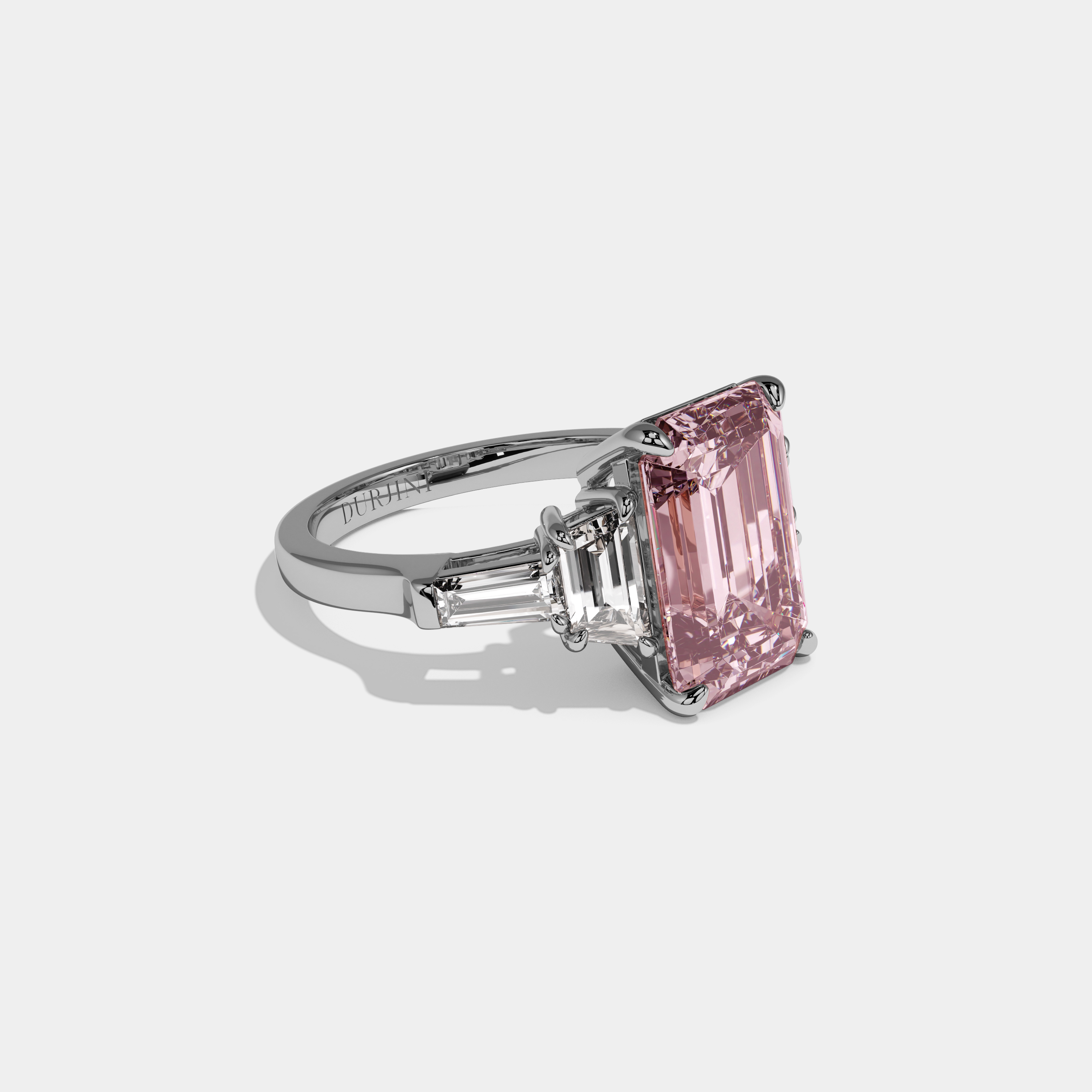 Beatrice Fancy Pink Emerald Cut Diamond Plain Band With Step Cut Sides Engagement Ring 8ct 18K White Gold
