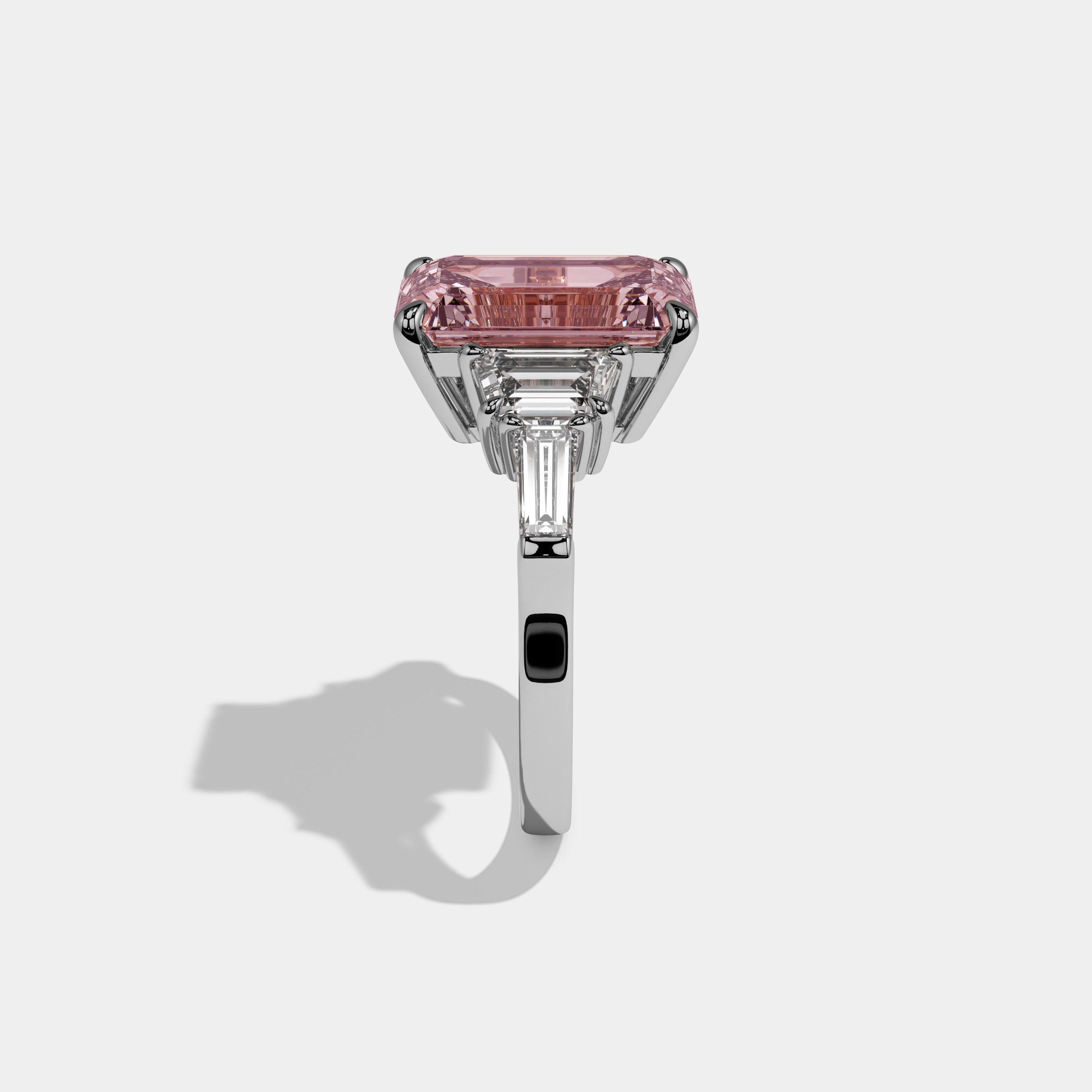 Beatrice Fancy Pink Emerald Cut Diamond Plain Band With Step Cut Sides Engagement Ring 8ct 18K White Gold