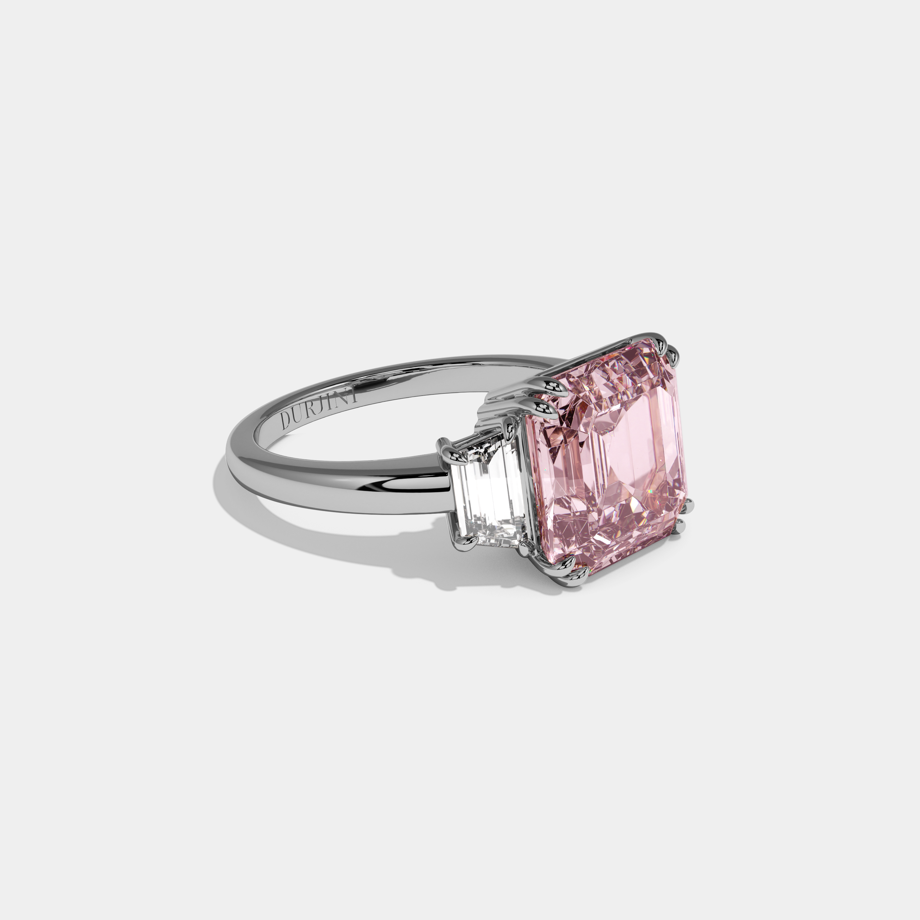 Beatrice Fancy Pink Asscher Cut Diamond Plain Band With Step Cut Sides Engagement Ring 8ct 18K White Gold