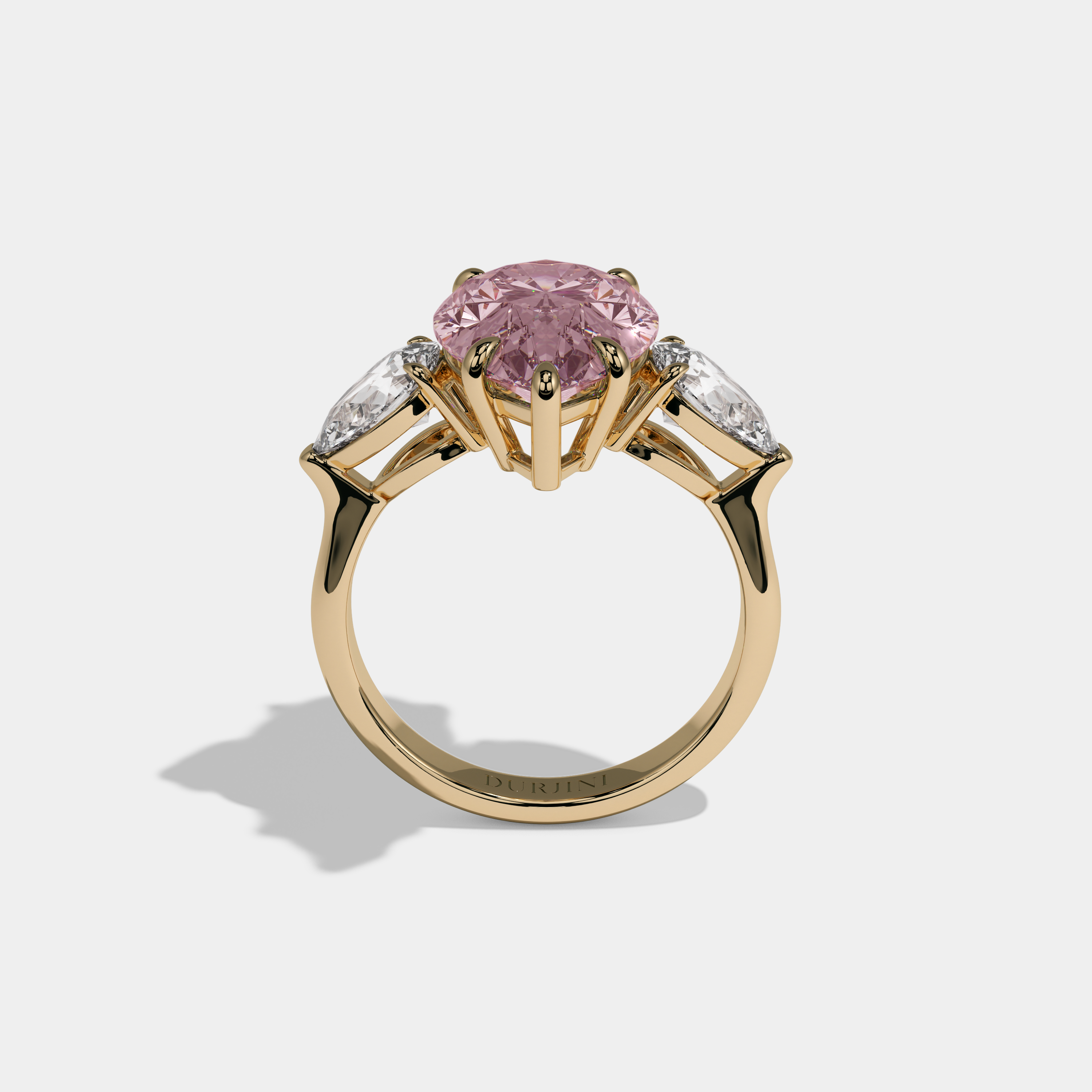 Alexandra Fancy Pink Pear Cut Diamond Plain Band With Pear Cut Sides Engagement Ring 8ct 18k Yellow Gold