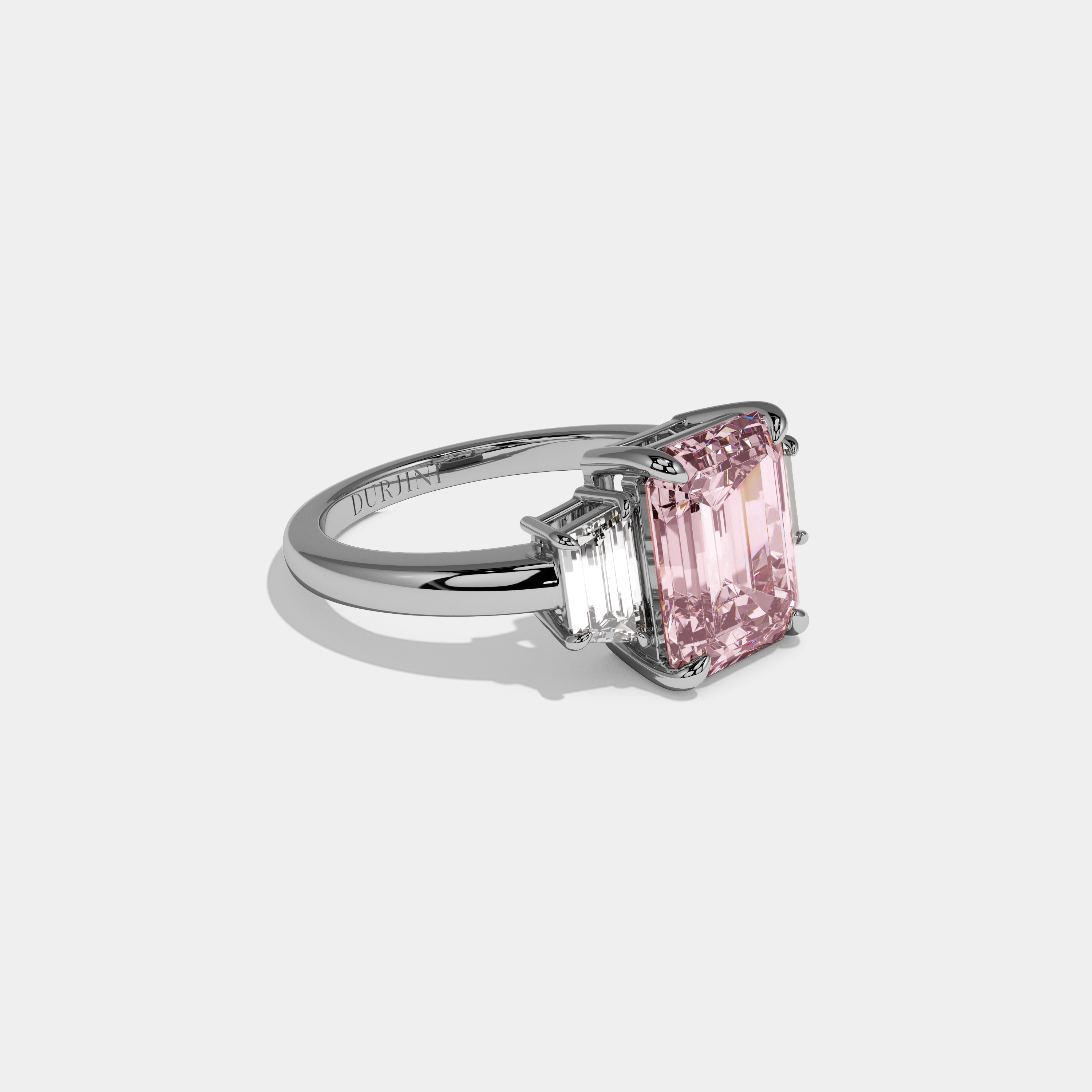 Charlotte Fancy Pink Emerald Cut Diamond Plain Band With Step Cut Sides Engagement Ring 8ct 18k White Gold