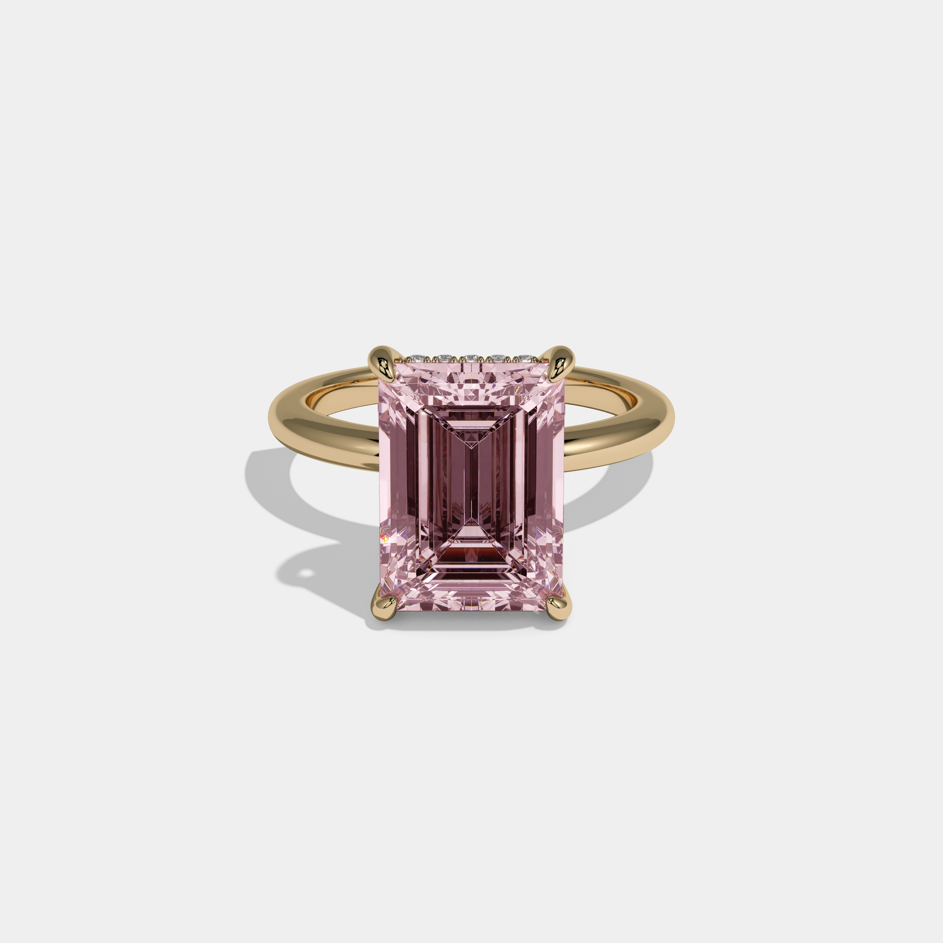 Charlotte Fancy Pink Emerald Cut Diamond Plain Band Engagement Ring 6.5ct 18K Yellow Gold